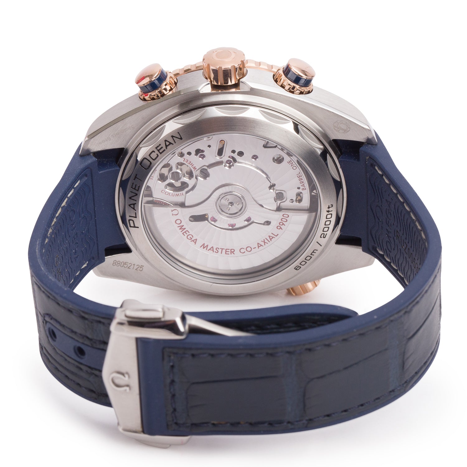 Omega Stainless Steel & 18k Rose Gold Seamaster Planet Ocean 600M Co-Axial Chronometer 45.5 MM Automatic Chronograph Watch Blue Dial w/ Box & Papers
