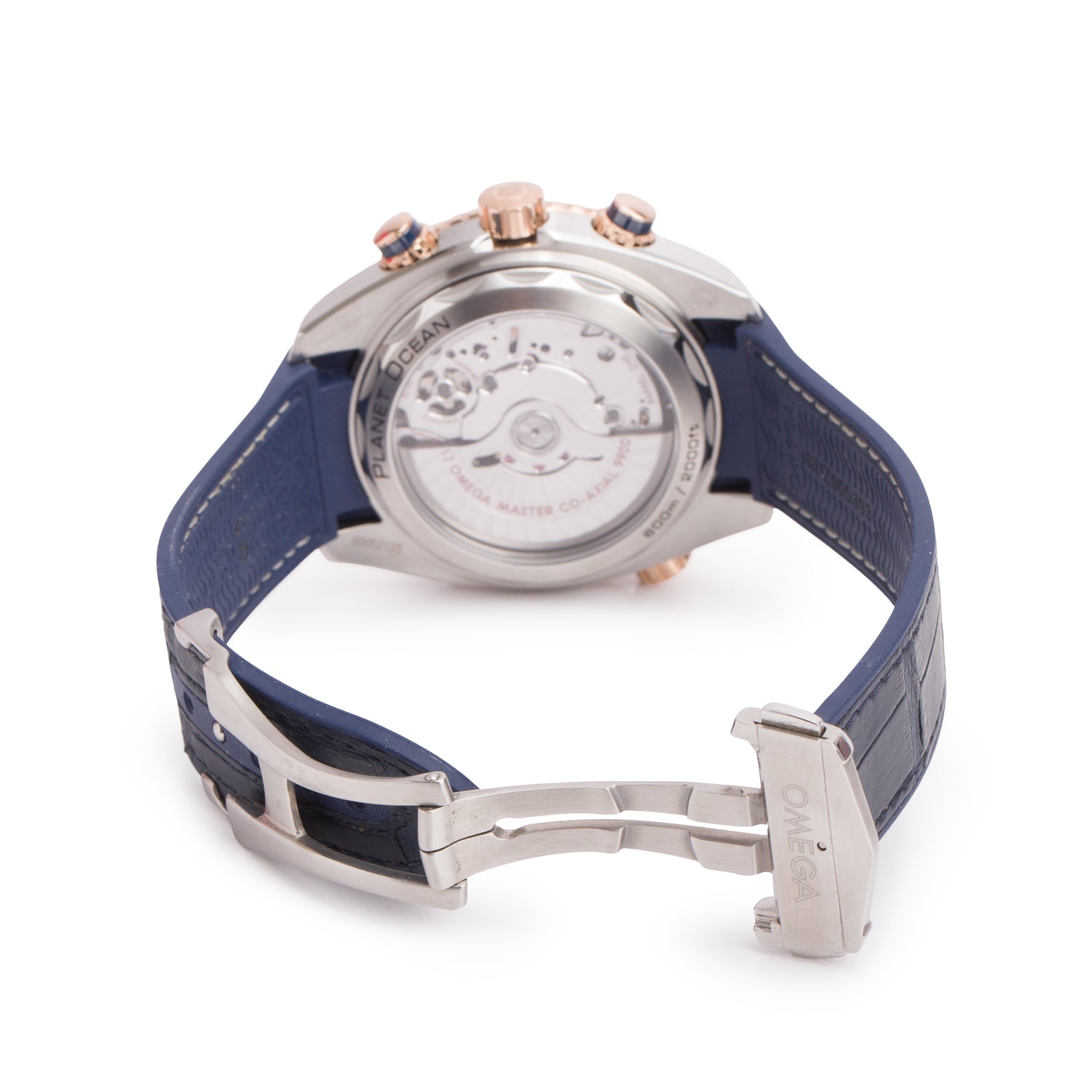 Omega Stainless Steel & 18k Rose Gold Seamaster Planet Ocean 600M Co-Axial Chronometer 45.5 MM Automatic Chronograph Watch Blue Dial w/ Box & Papers
