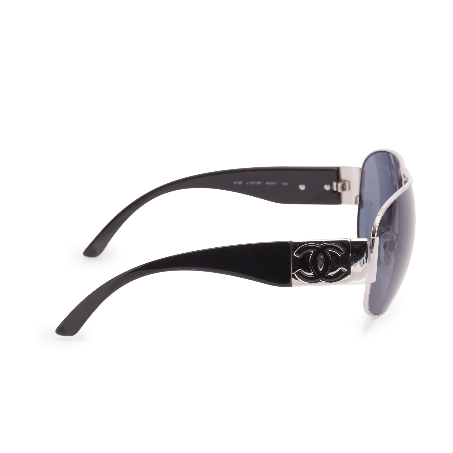 Chanel 4128 Silver Black Plastic Frame Aviator Sunglasses w/ Box & Case
