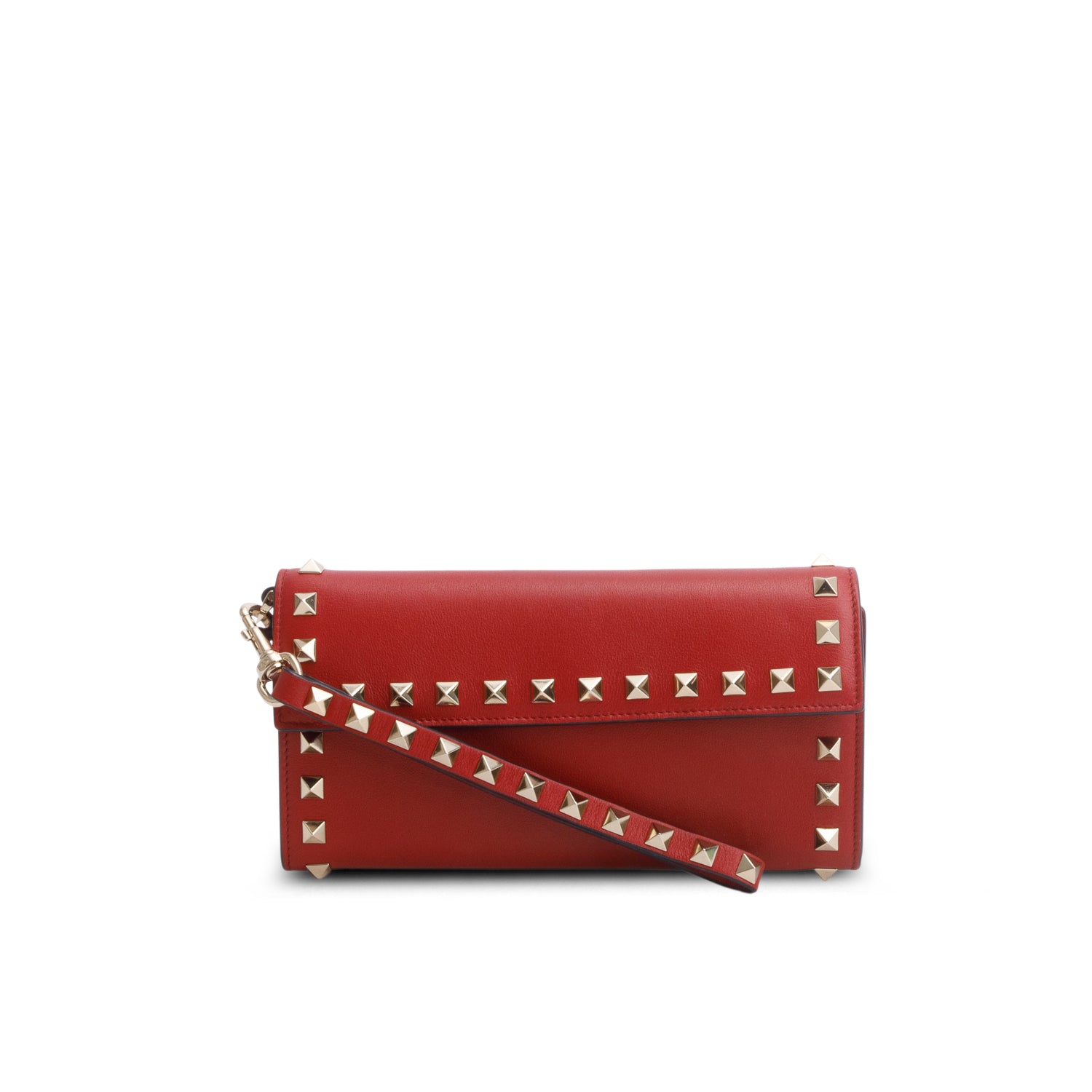 Valentino Red Calfskin Leather Rockstud Wrislet Travel Wallet