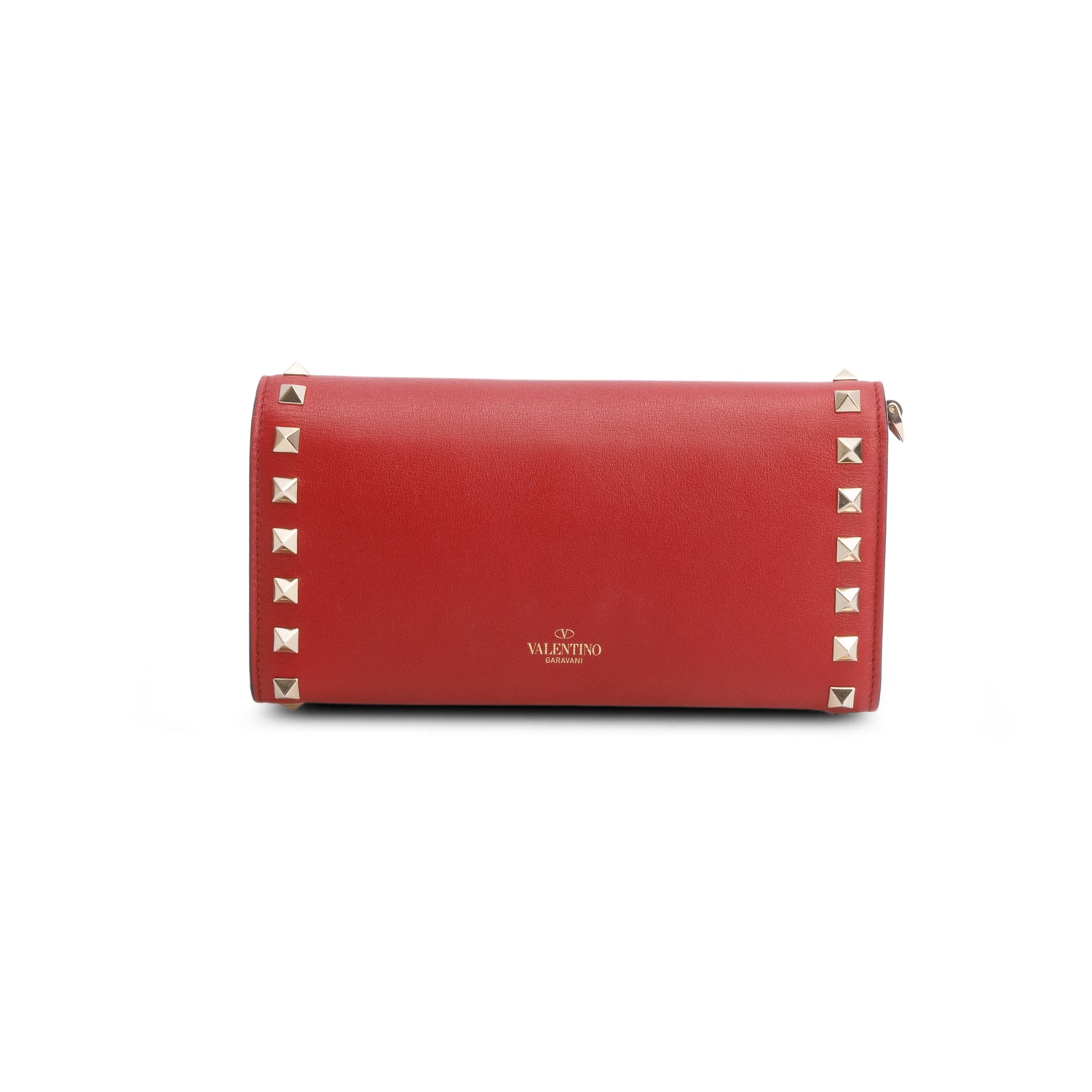 Valentino Red Calfskin Leather Rockstud Wrislet Travel Wallet