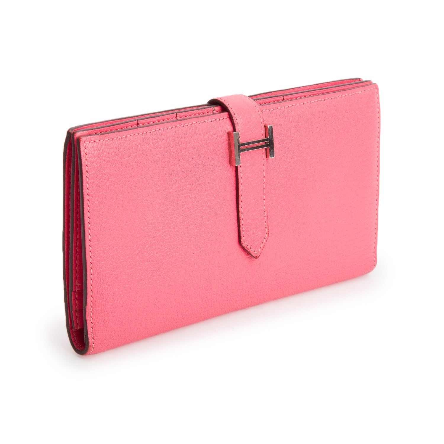 Hermes Rose Azalee Chevre Mysore Leather Bearn Gusset Wallet