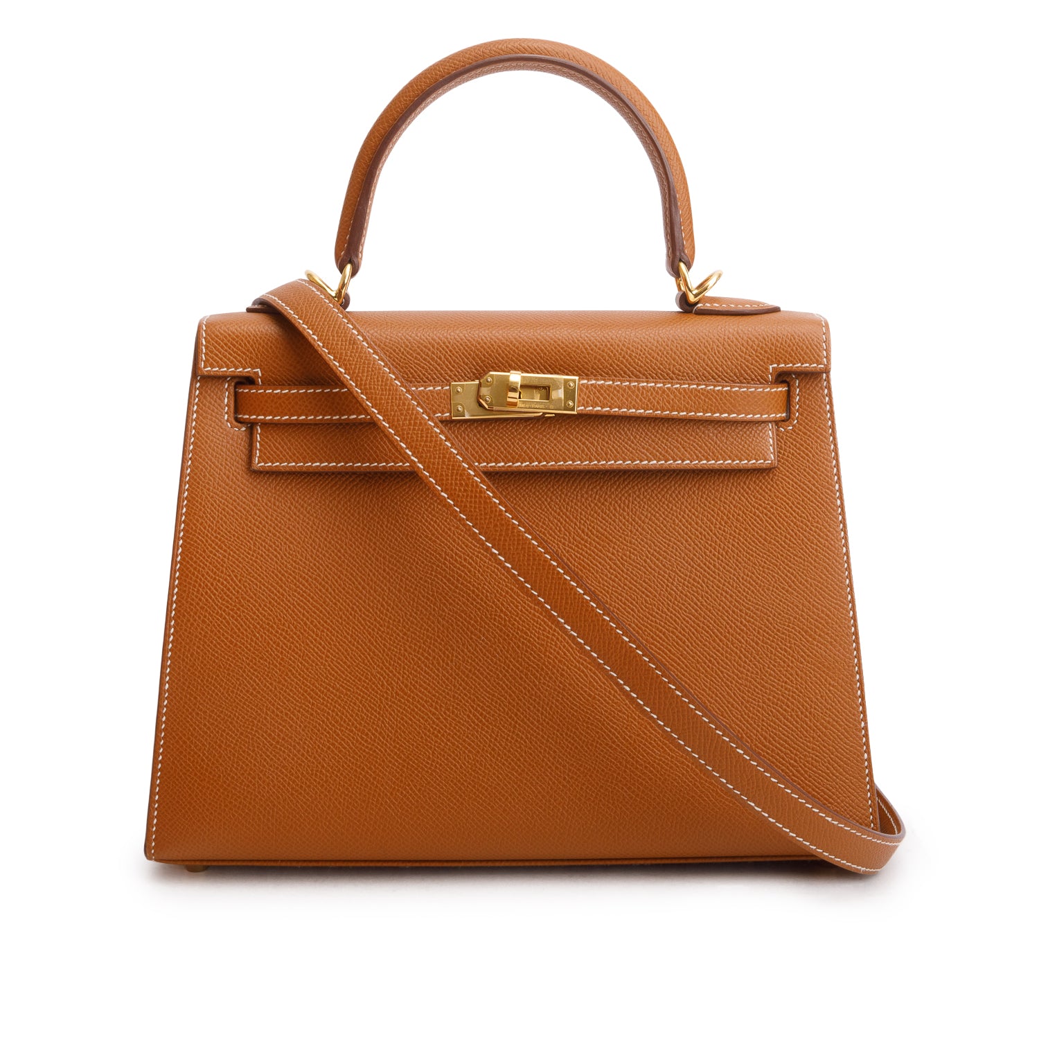 Hermes 2024 Gold Veau Epsom Kelly II Sellier 25 w/ Box & Strap
