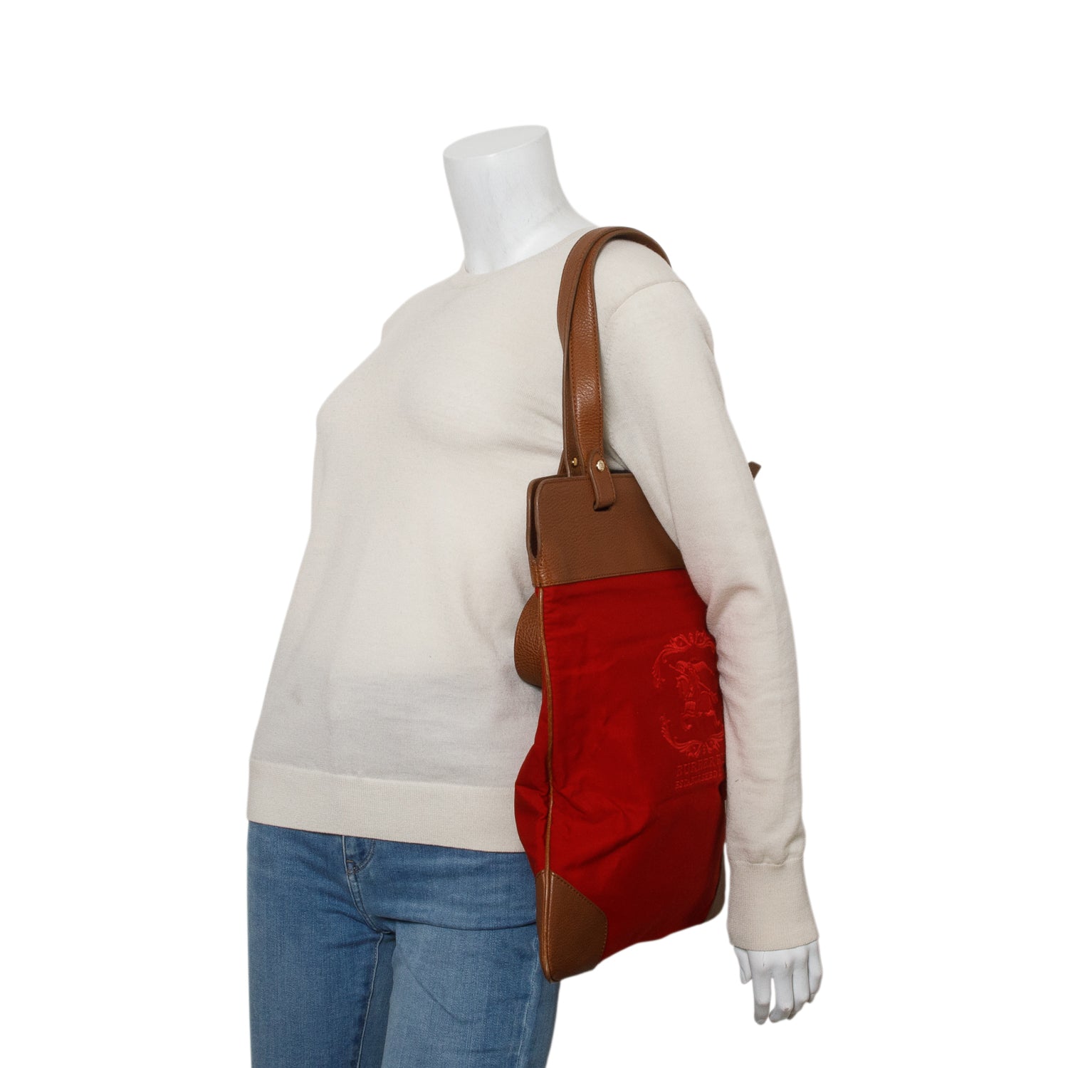 Burberry Red Embroidered Signature Canvas Shopper Tote
