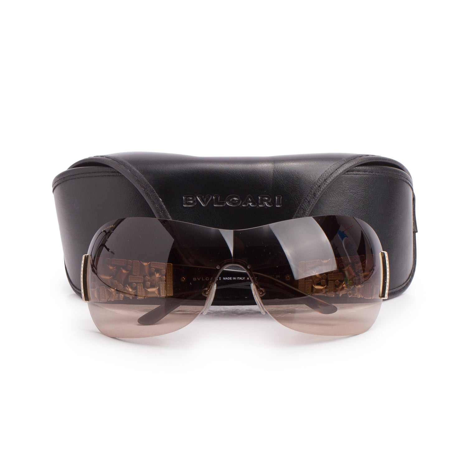 Bvlgari 6071-B Brown Crystal Rimless Shield Sunglasses w/ Case
