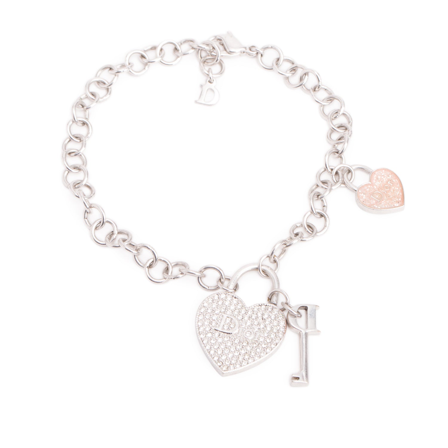 Christian Dior Palladium Plated Crystal Heart Lock Charm Bracelet