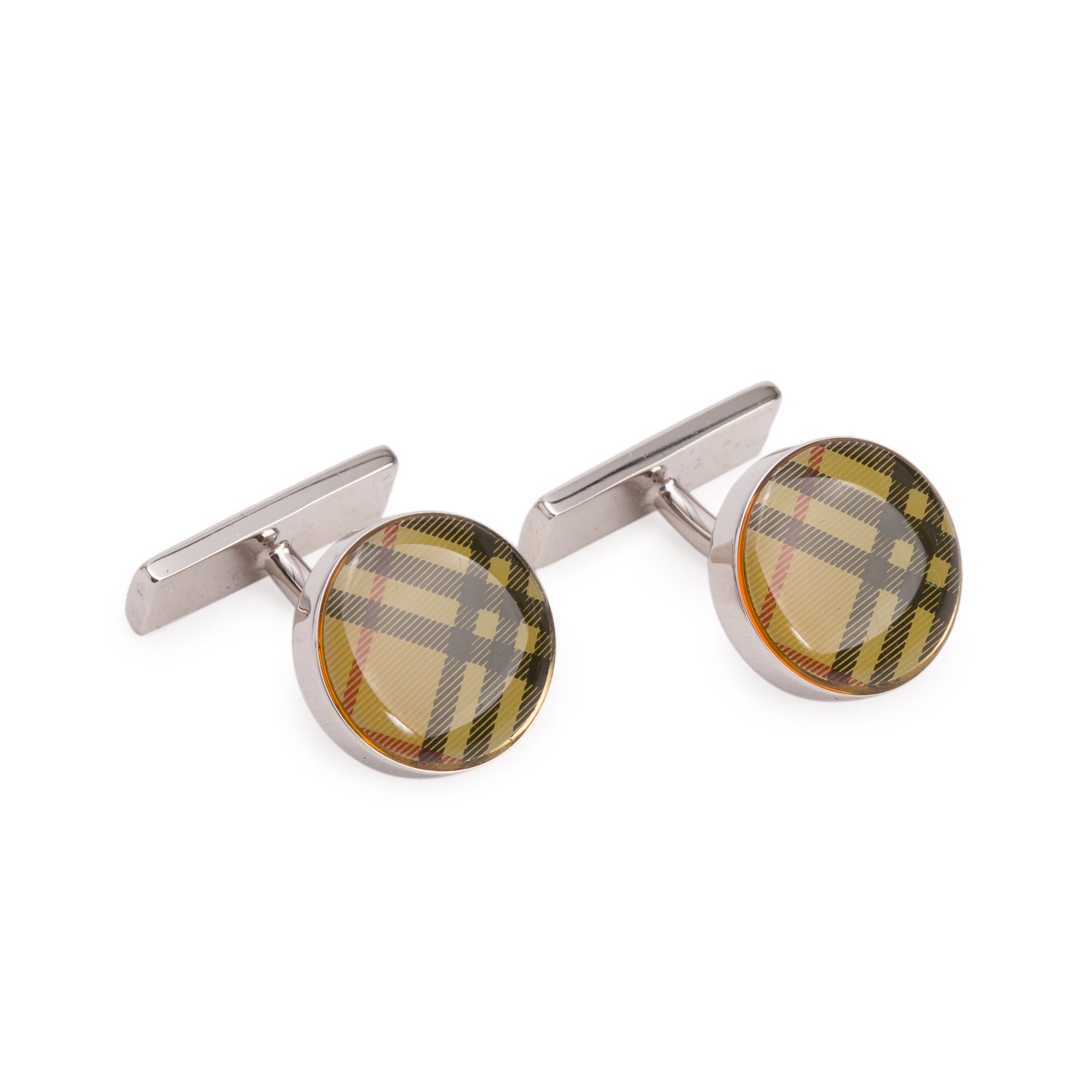 Burberry Palladium Plated House Check Round Cufflinks w/ Box