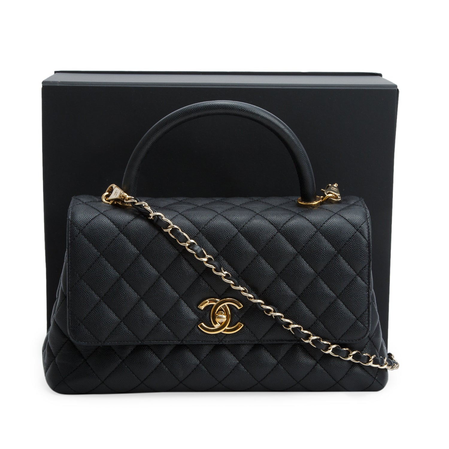 Chanel Black Caviar Quilted Medium Coco Handle Flap w/ Box