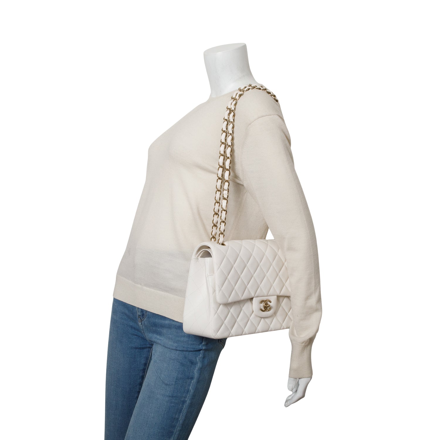Chanel White Caviar Jumbo Classic Double Flap Bag