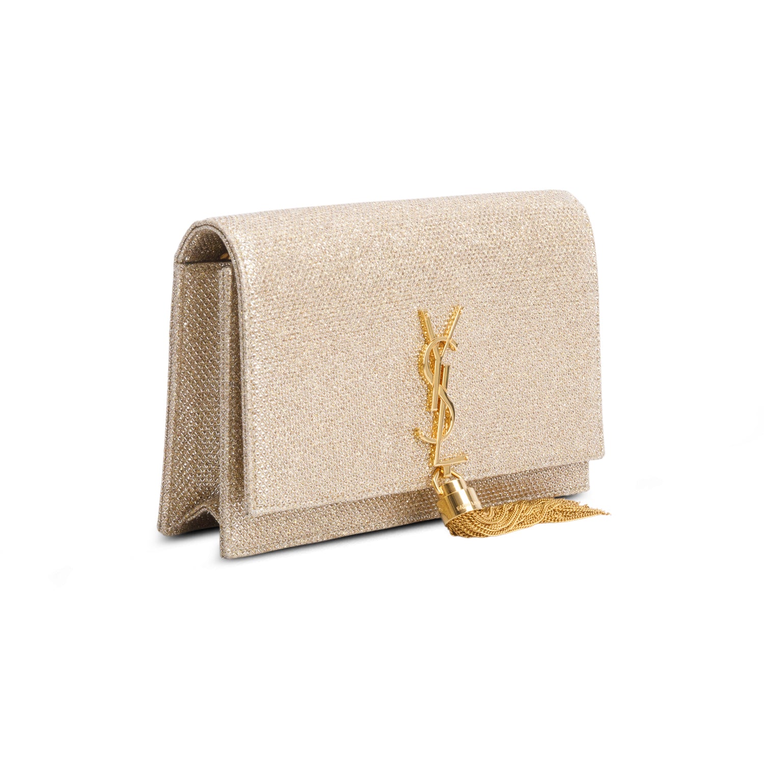 Saint Laurent Gold Metallic Canvas Woven Classic Monogram Kate Tassel Chain Wallet