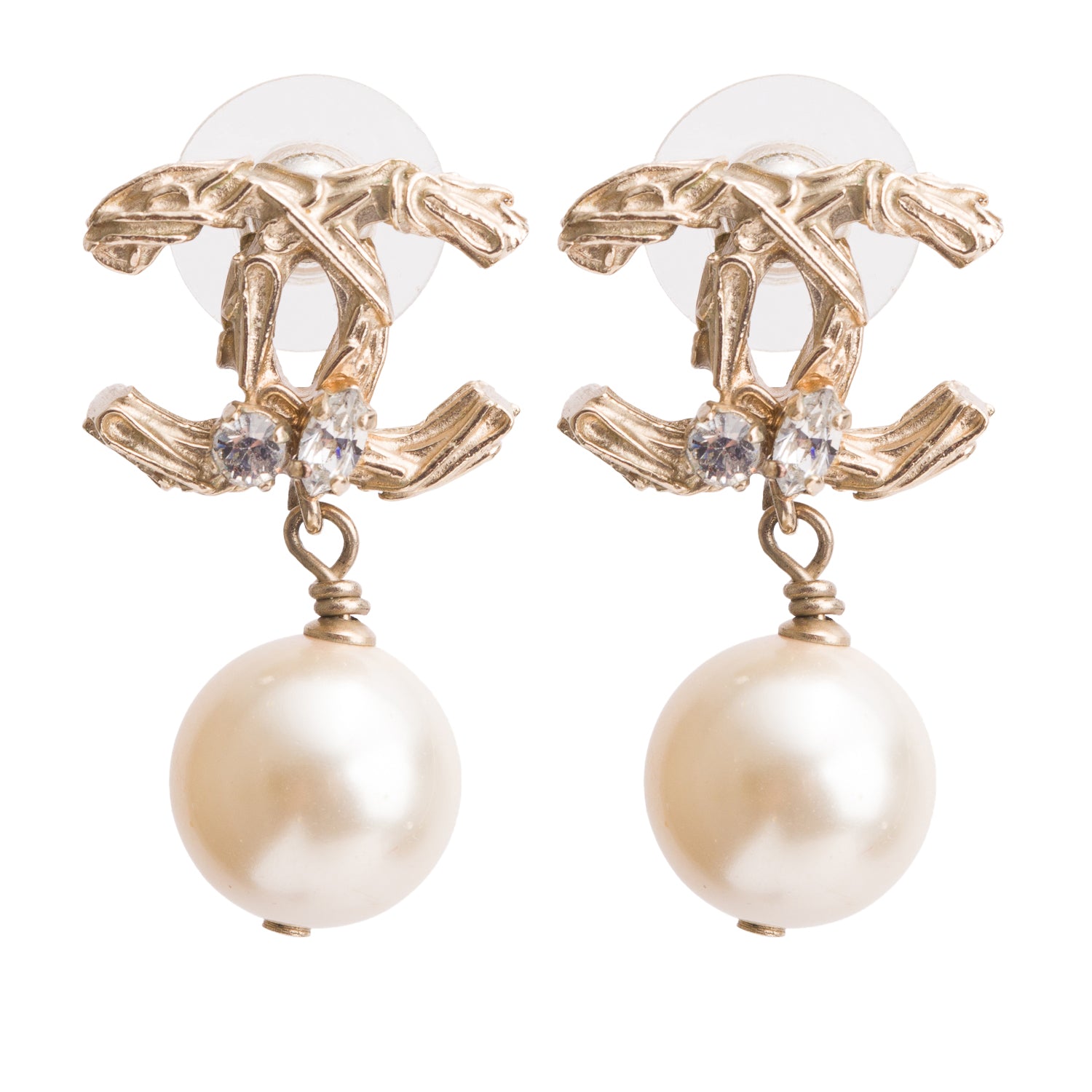 Chanel Gold Plated Faux Pearl Strass Textured CC Drop Earrings