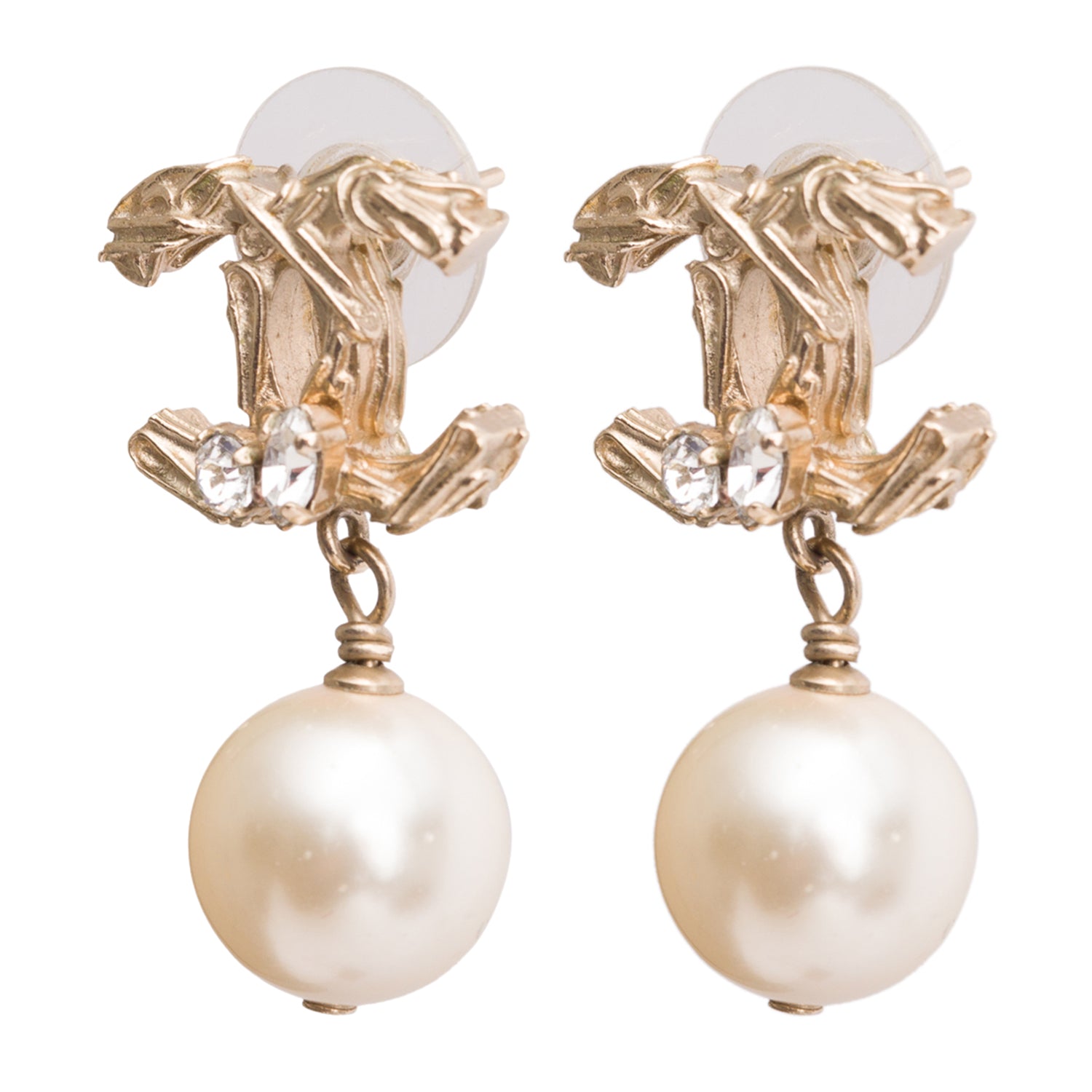Chanel Gold Plated Faux Pearl Strass Textured CC Drop Earrings