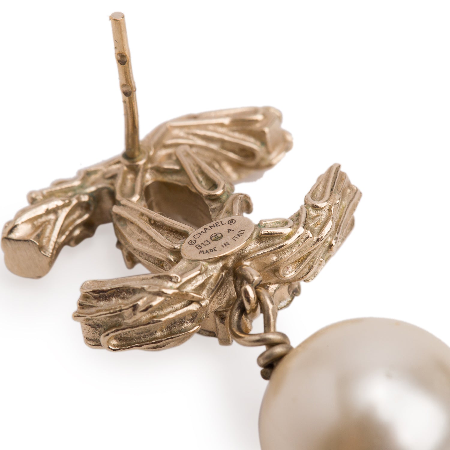 Chanel Gold Plated Faux Pearl Strass Textured CC Drop Earrings