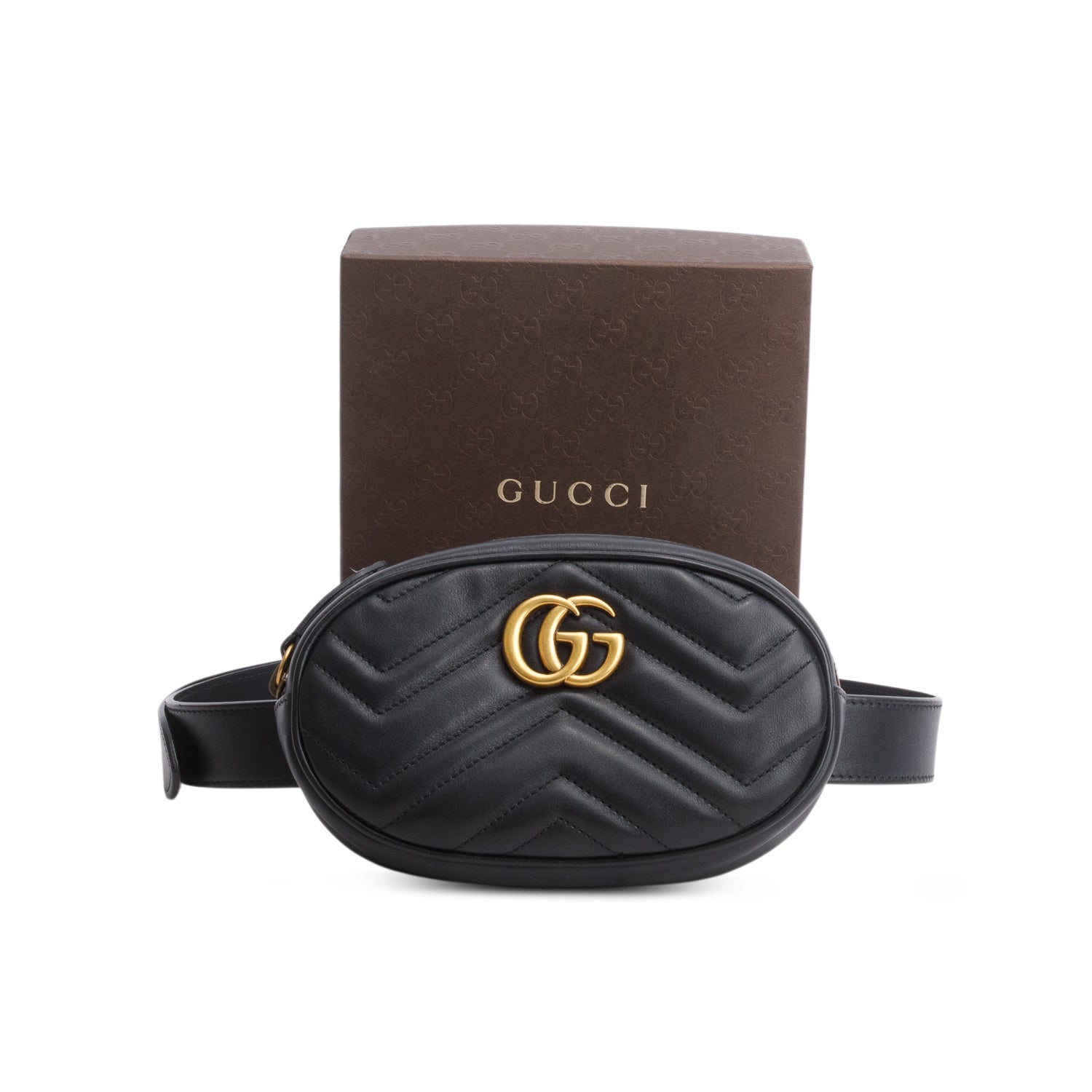 Gucci Black GG Marmont Matelasse Leather Belt Bag, Size 85 w/ Box