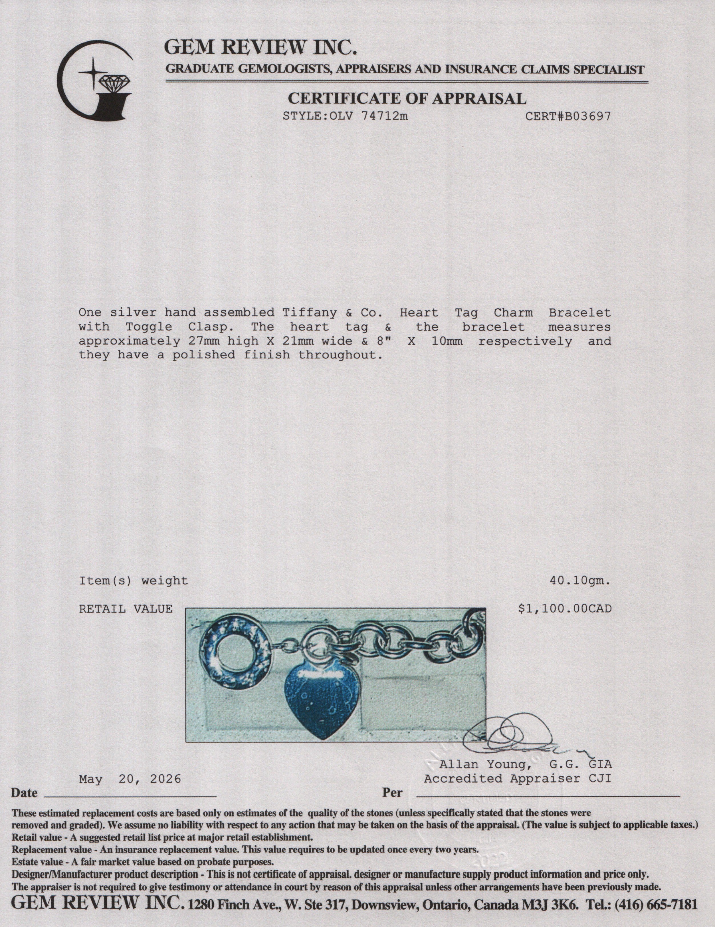 Tiffany & Co. Sterling Silver Heart Tag Charm Bracelet with Toggle Clasp