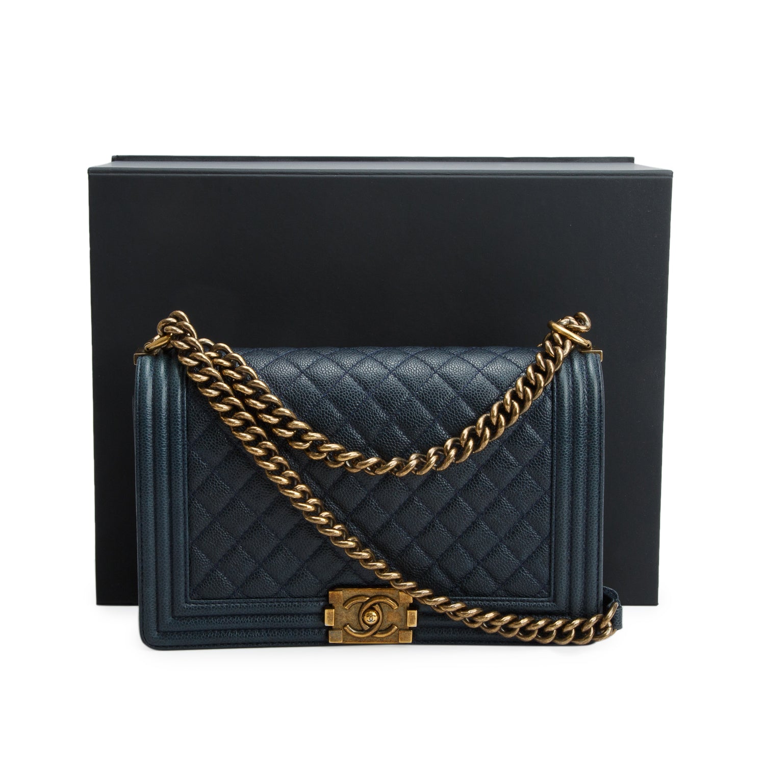 Chanel Navy Caviar Quilted Large Boy Bag w/ Box