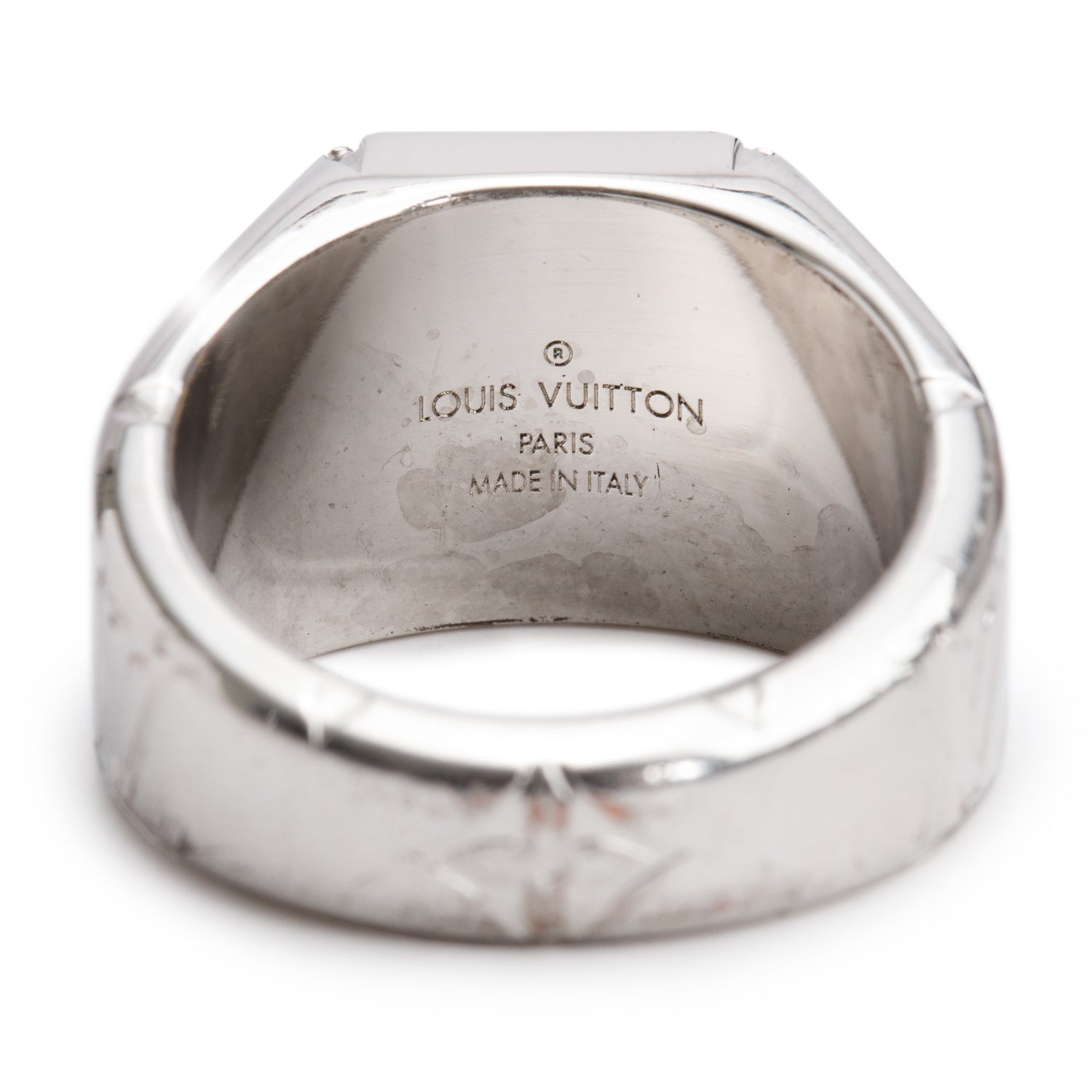 Louis Vuitton Palladium Plated Monogram Signet Ring, Size M 9