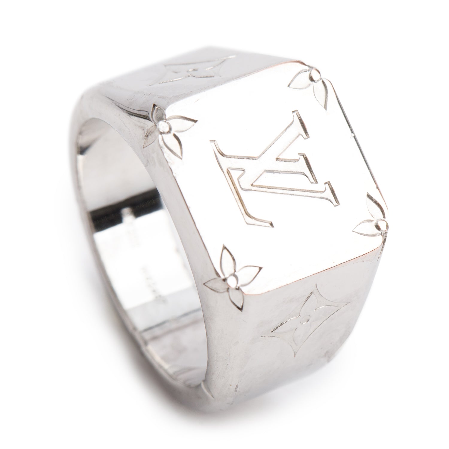Louis Vuitton Palladium Plated Monogram Signet Ring, Size M 9