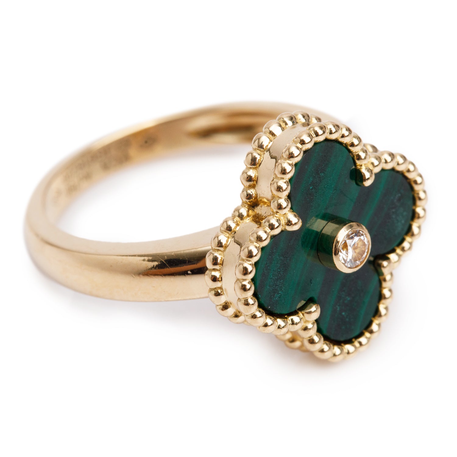 Van Cleef & Arpels 2024 18k Yellow Gold Malachite & Diamond Vintage Alhambra Ring, Size 52 6 w/ Box, Receipt & Certificate