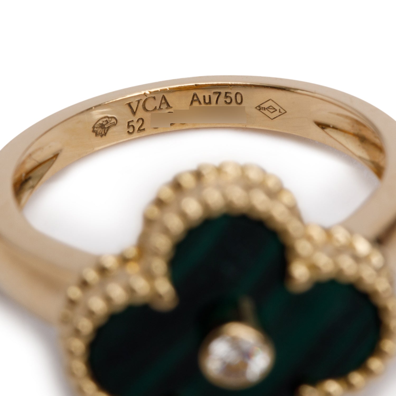 Van Cleef & Arpels 2024 18k Yellow Gold Malachite & Diamond Vintage Alhambra Ring, Size 52 6 w/ Box, Receipt & Certificate