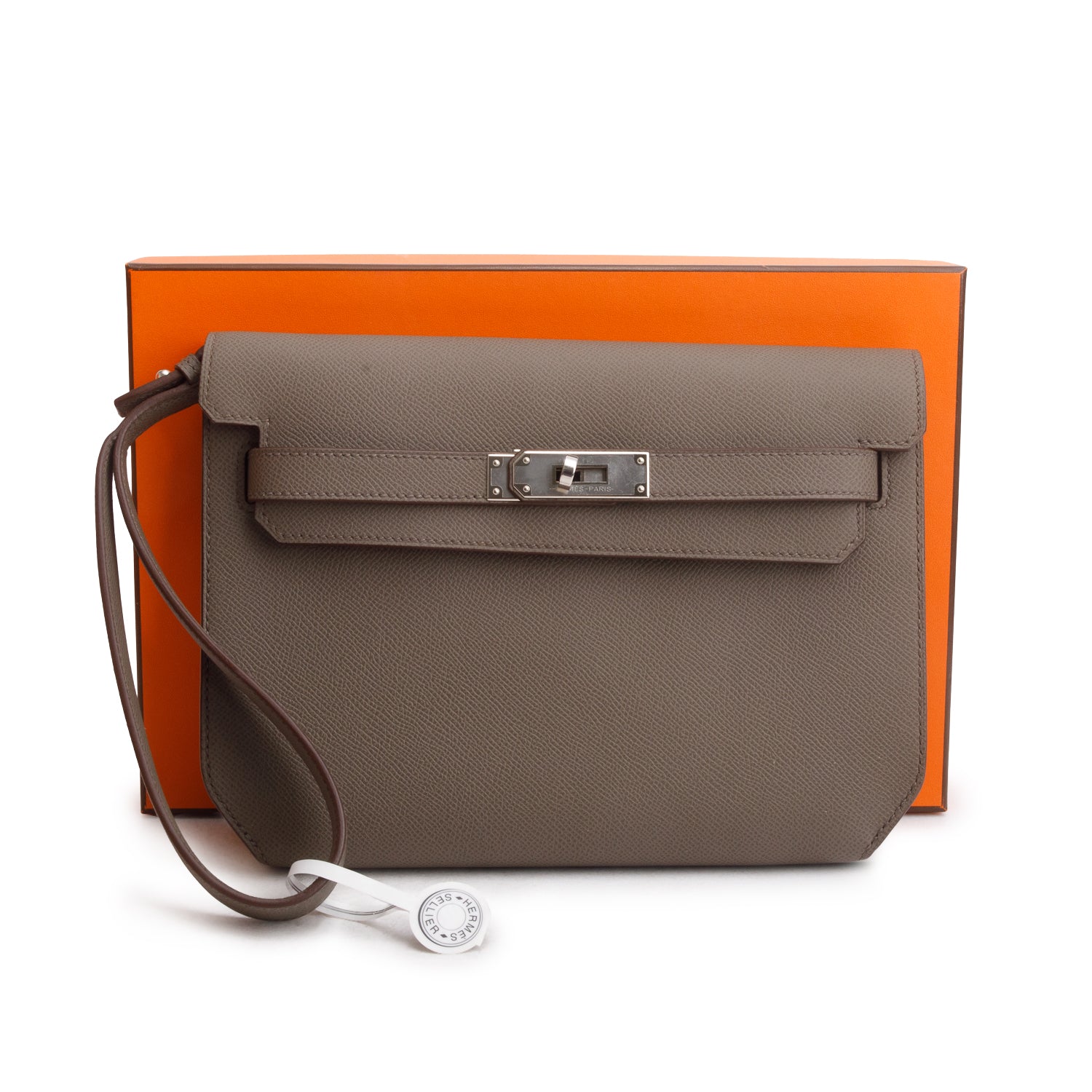 Hermes Etain Epsom Calfskin Kelly Depeches 25 Pouch w/ Box