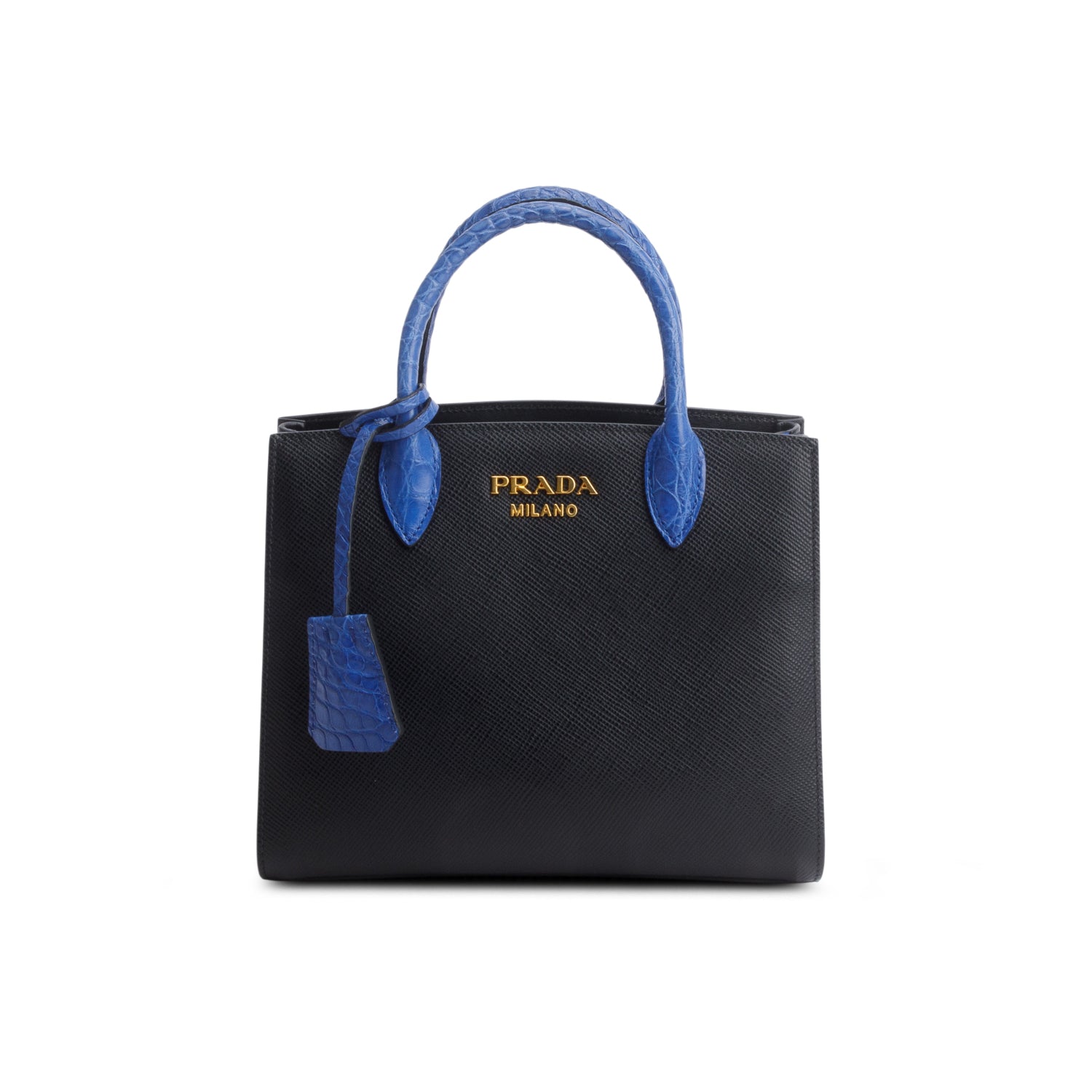Prada Black Saffiano Cuir Croc Mini Double Bag w/ Authenticity Card & Strap