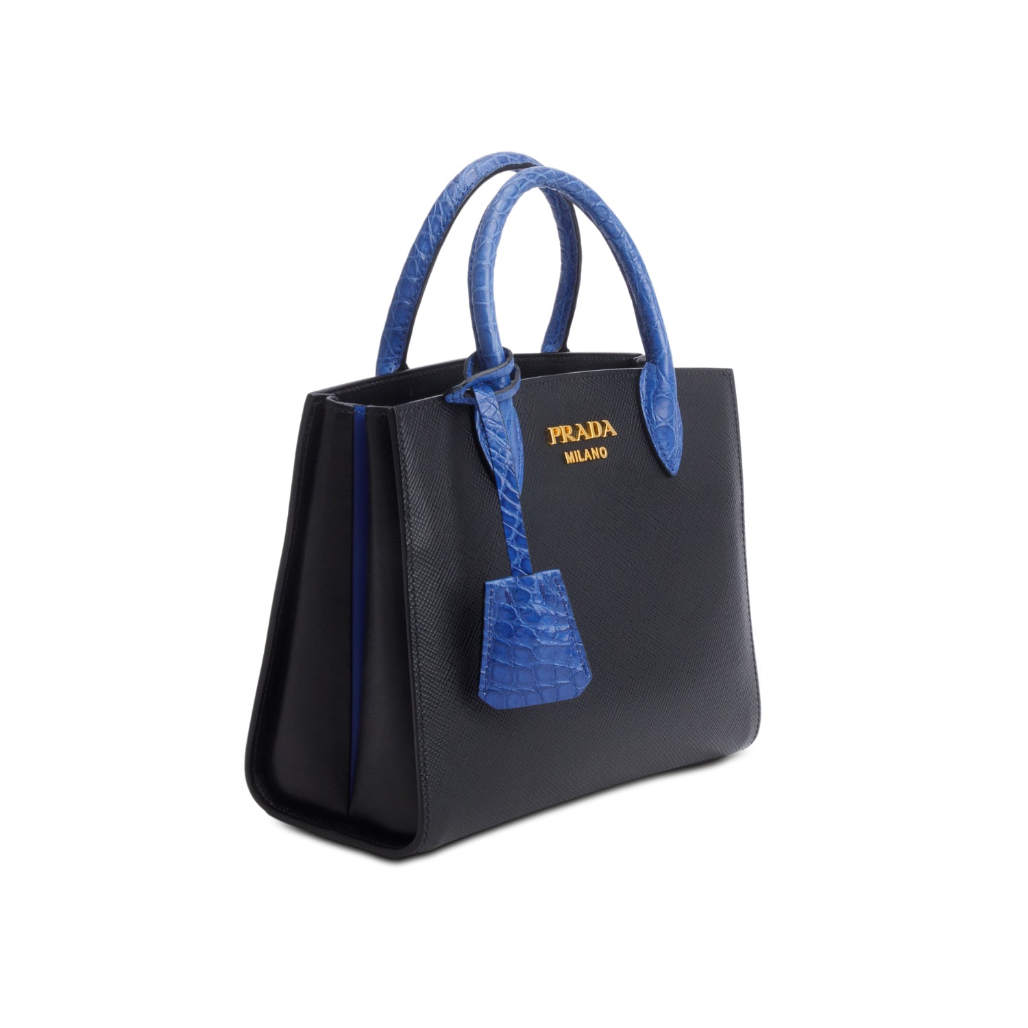 Prada Black Saffiano Cuir Croc Mini Double Bag w/ Authenticity Card & Strap