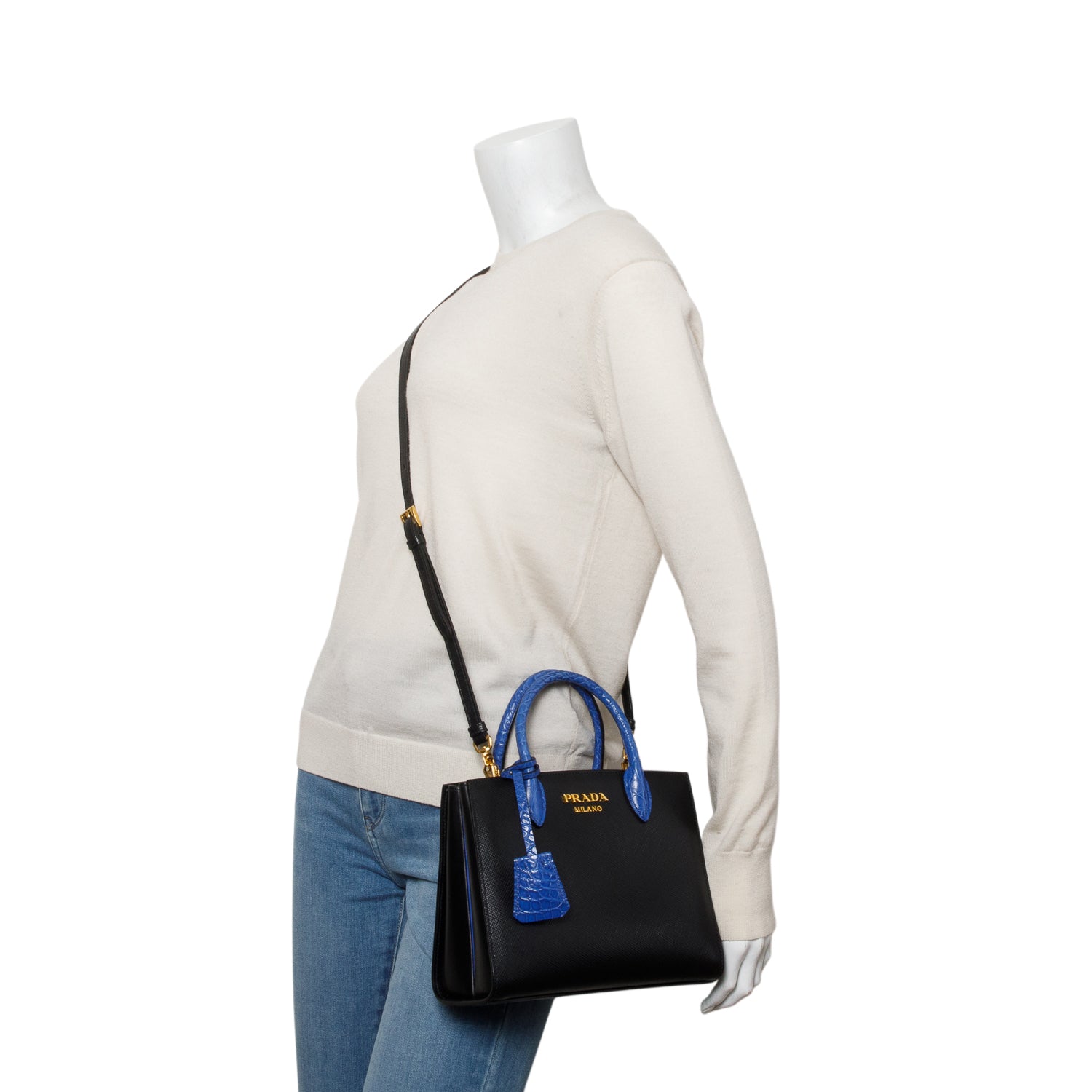 Prada Black Saffiano Cuir Croc Mini Double Bag w/ Authenticity Card & Strap
