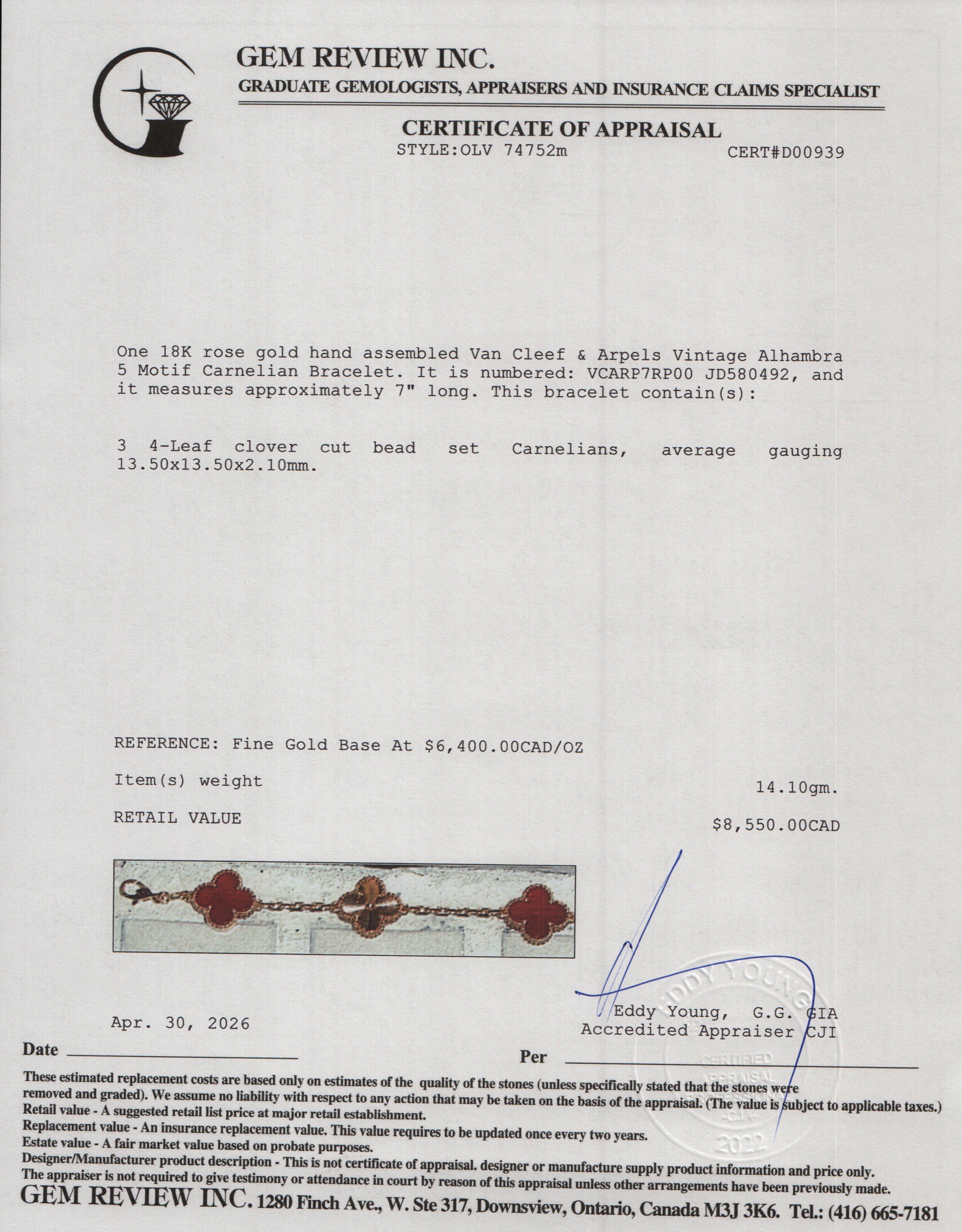 Van Cleef & Arpels 2023 18k Rose Gold Vintage Alhambra 5 Motif Carnelian Bracelet w/ Box, Receipt & Certificate
