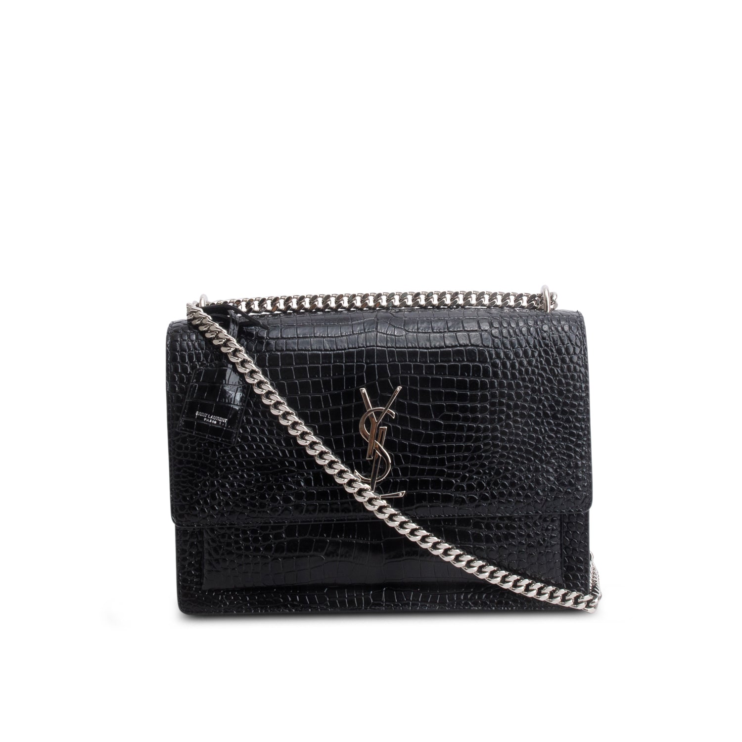 Saint Laurent 2022 Black Calfskin Croc Embossed Large Sunset Shoulder Bag