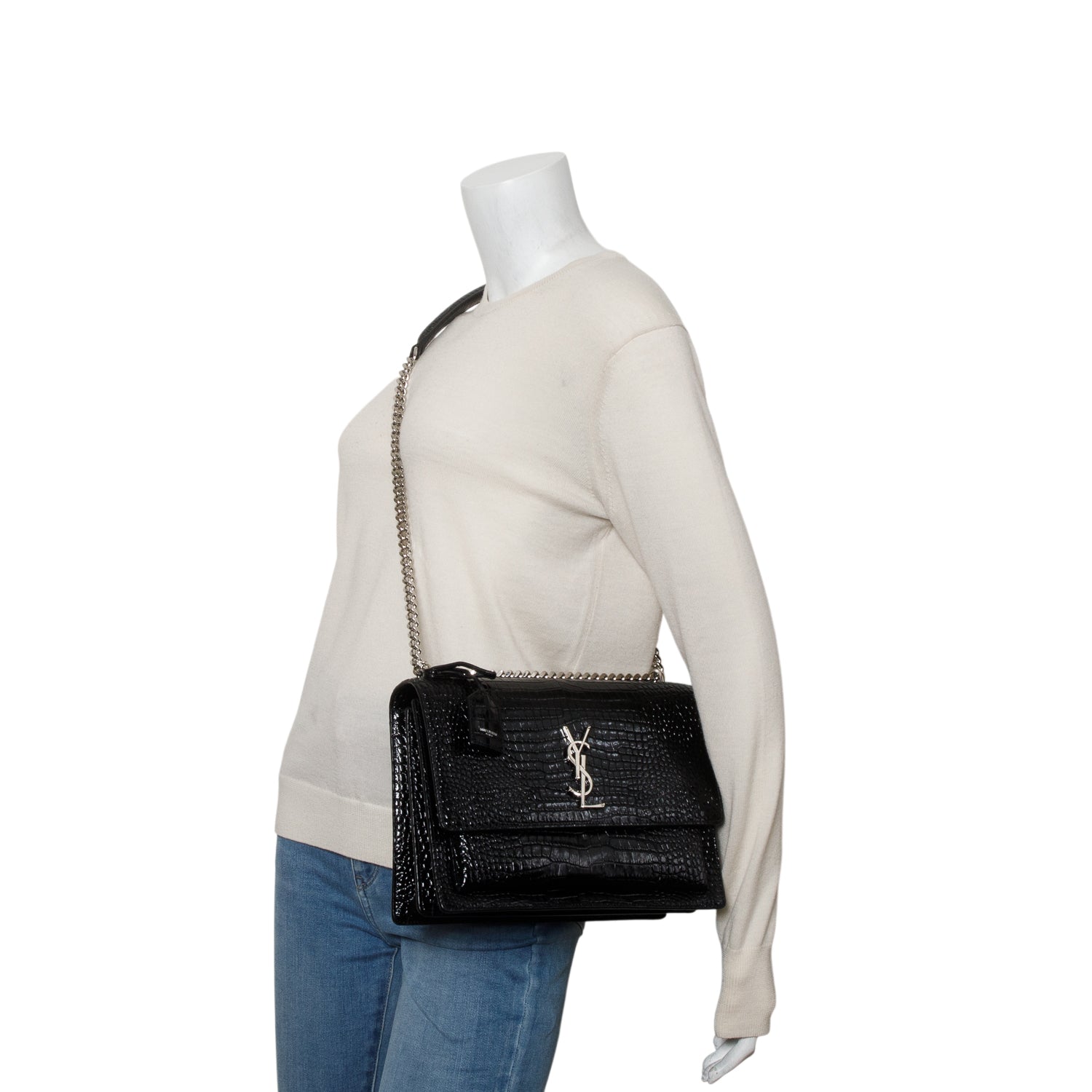Saint Laurent 2022 Black Calfskin Croc Embossed Large Sunset Shoulder Bag