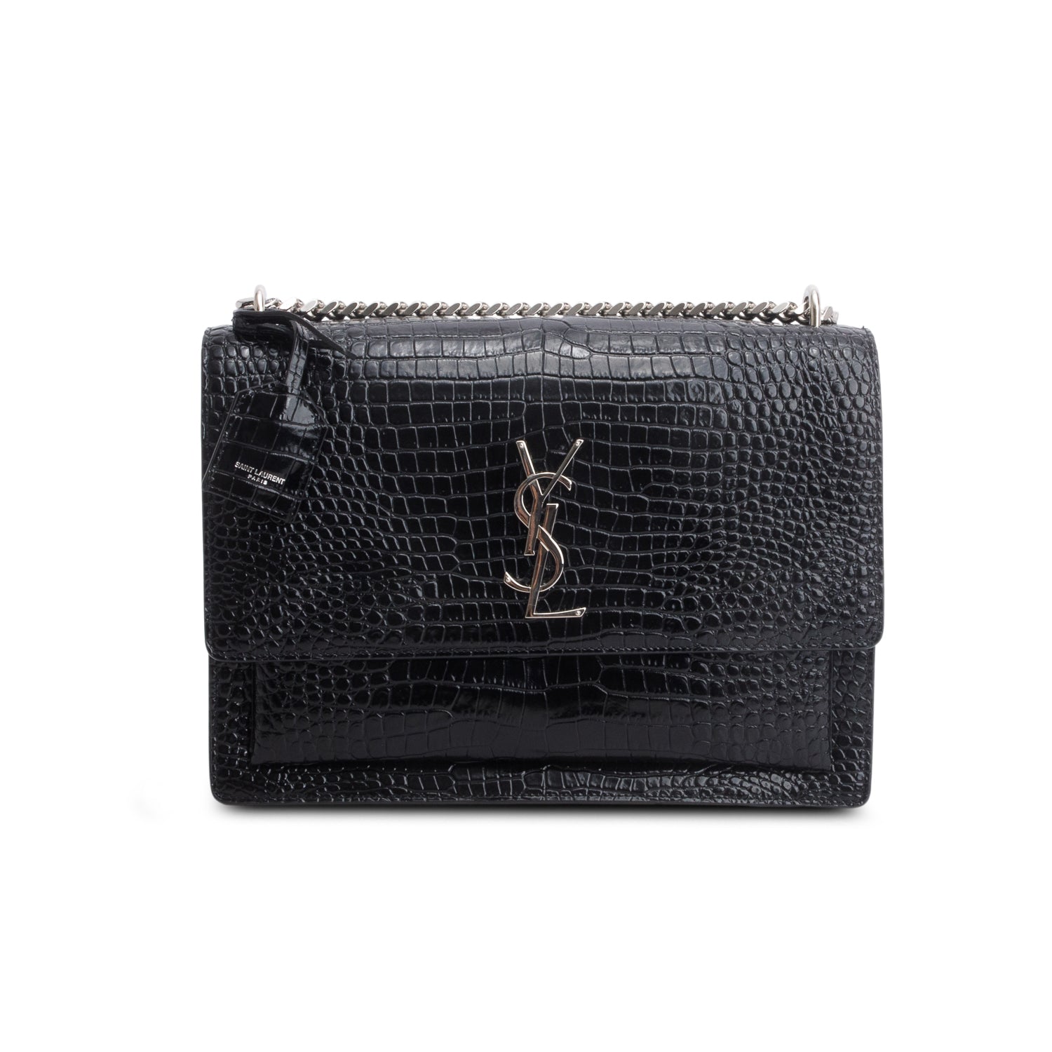 Saint Laurent 2022 Black Calfskin Croc Embossed Large Sunset Shoulder Bag