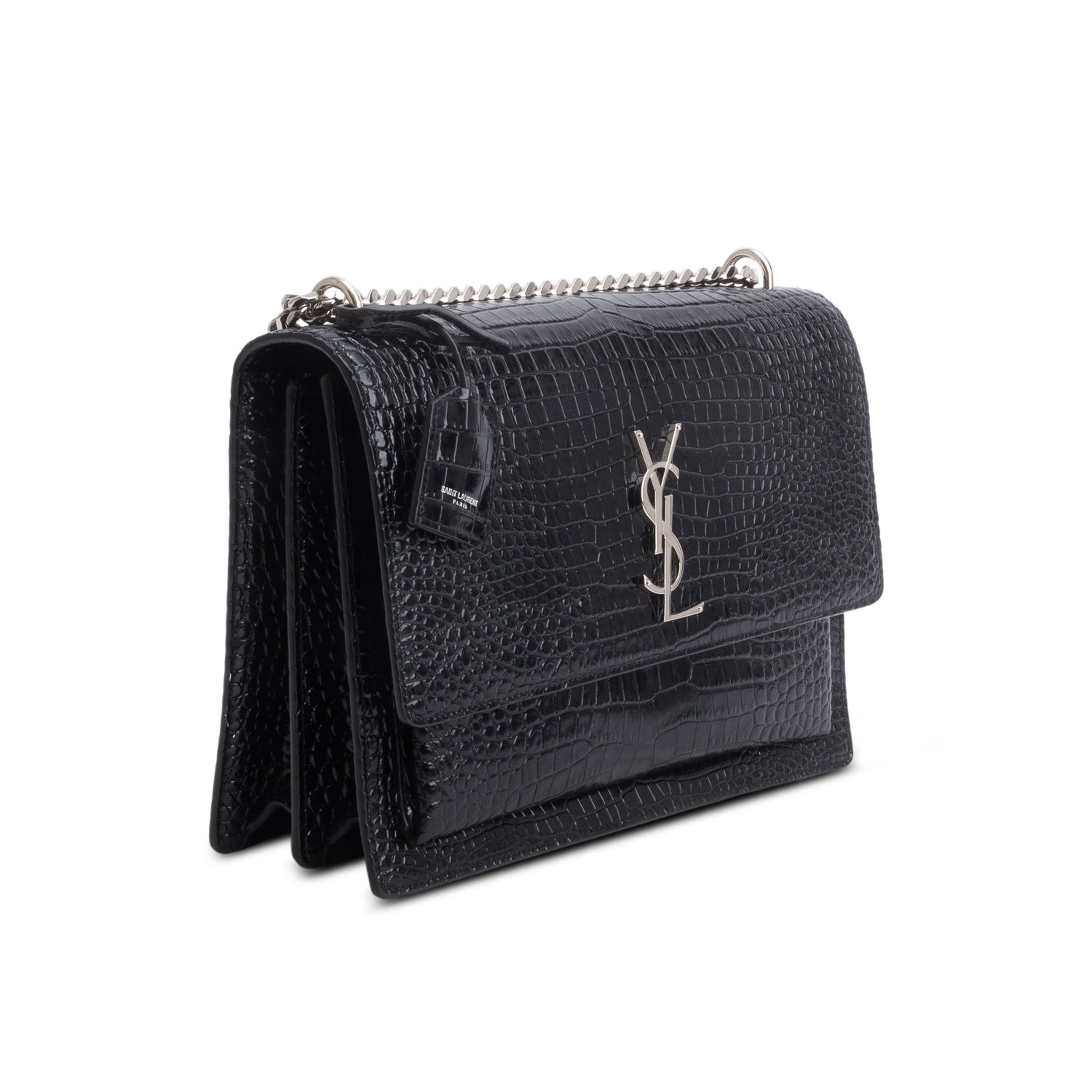 Saint Laurent 2022 Black Calfskin Croc Embossed Large Sunset Shoulder Bag