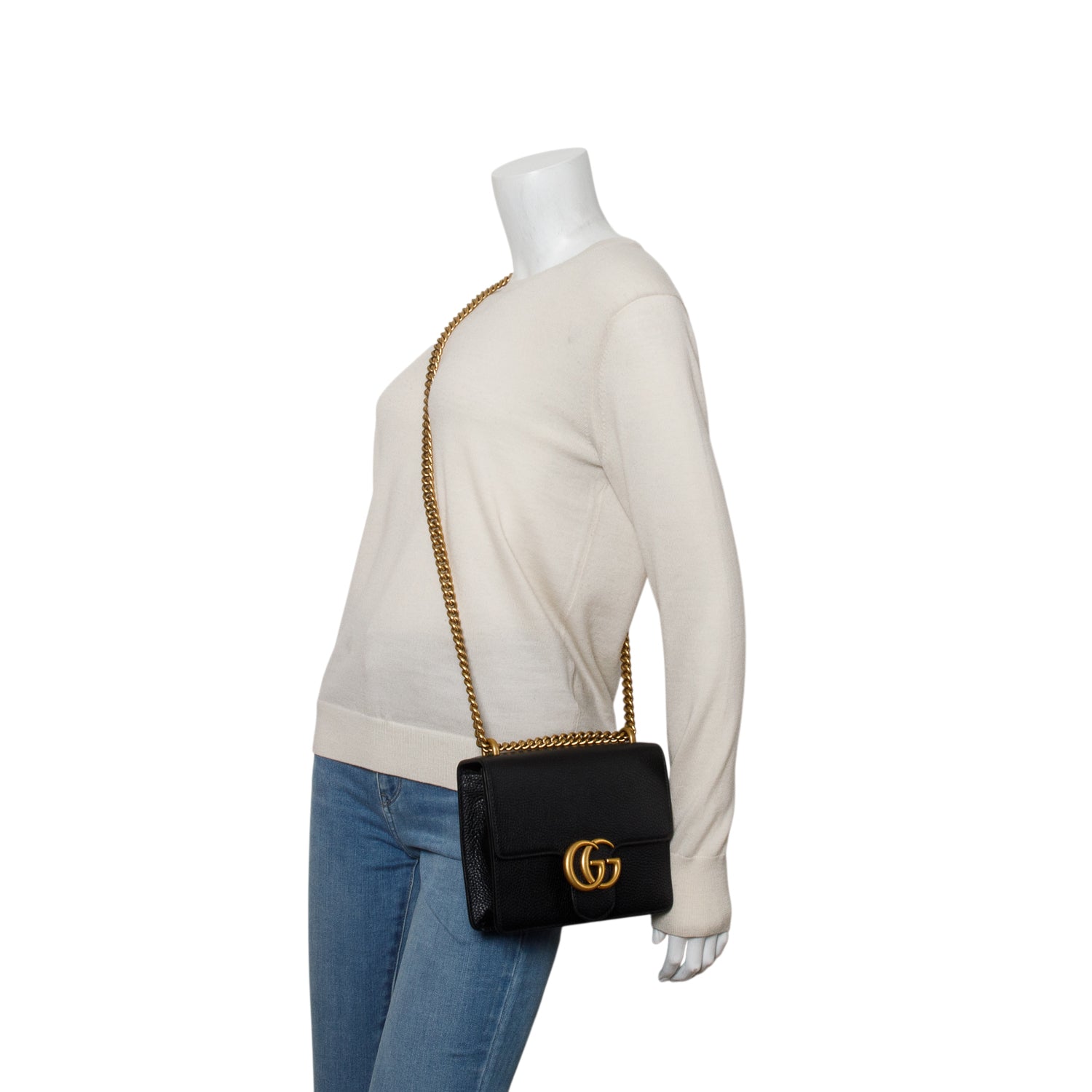 Gucci Black Calfskin Small GG Marmont Chain Handle Bag