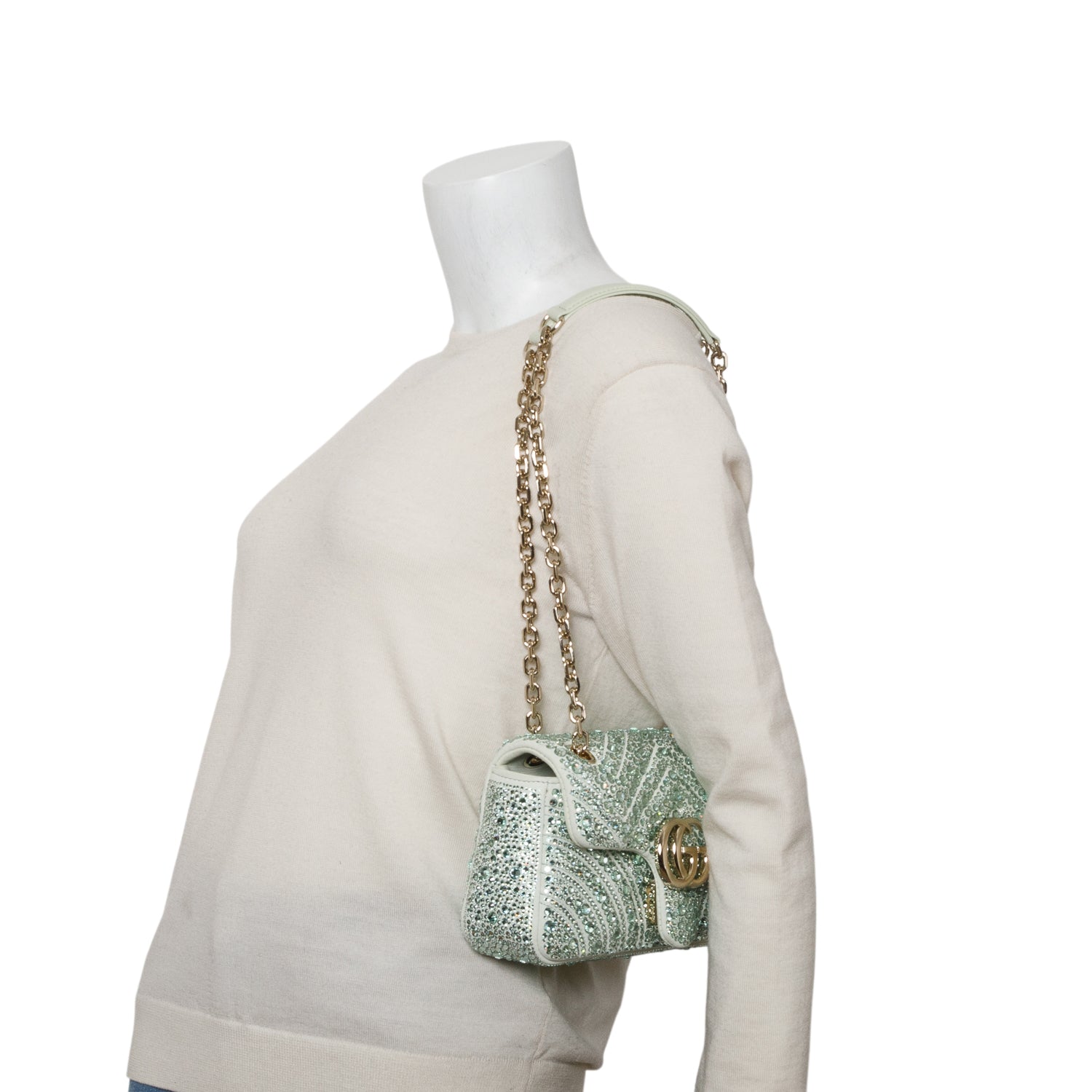Gucci Green Suede Crystal Matelasse Small GG Marmont Shoulder Bag