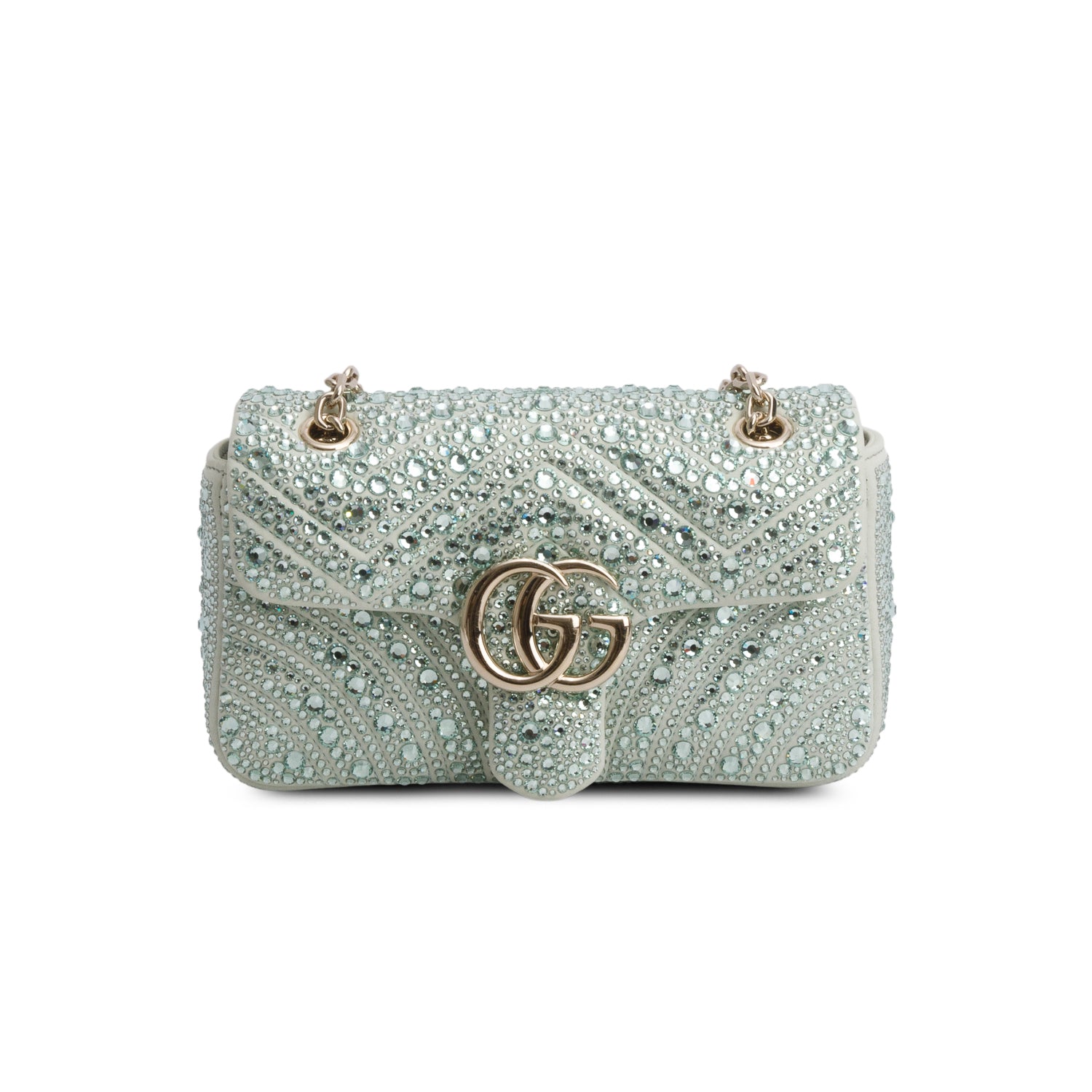 Gucci Green Suede Crystal Matelasse Small GG Marmont Shoulder Bag