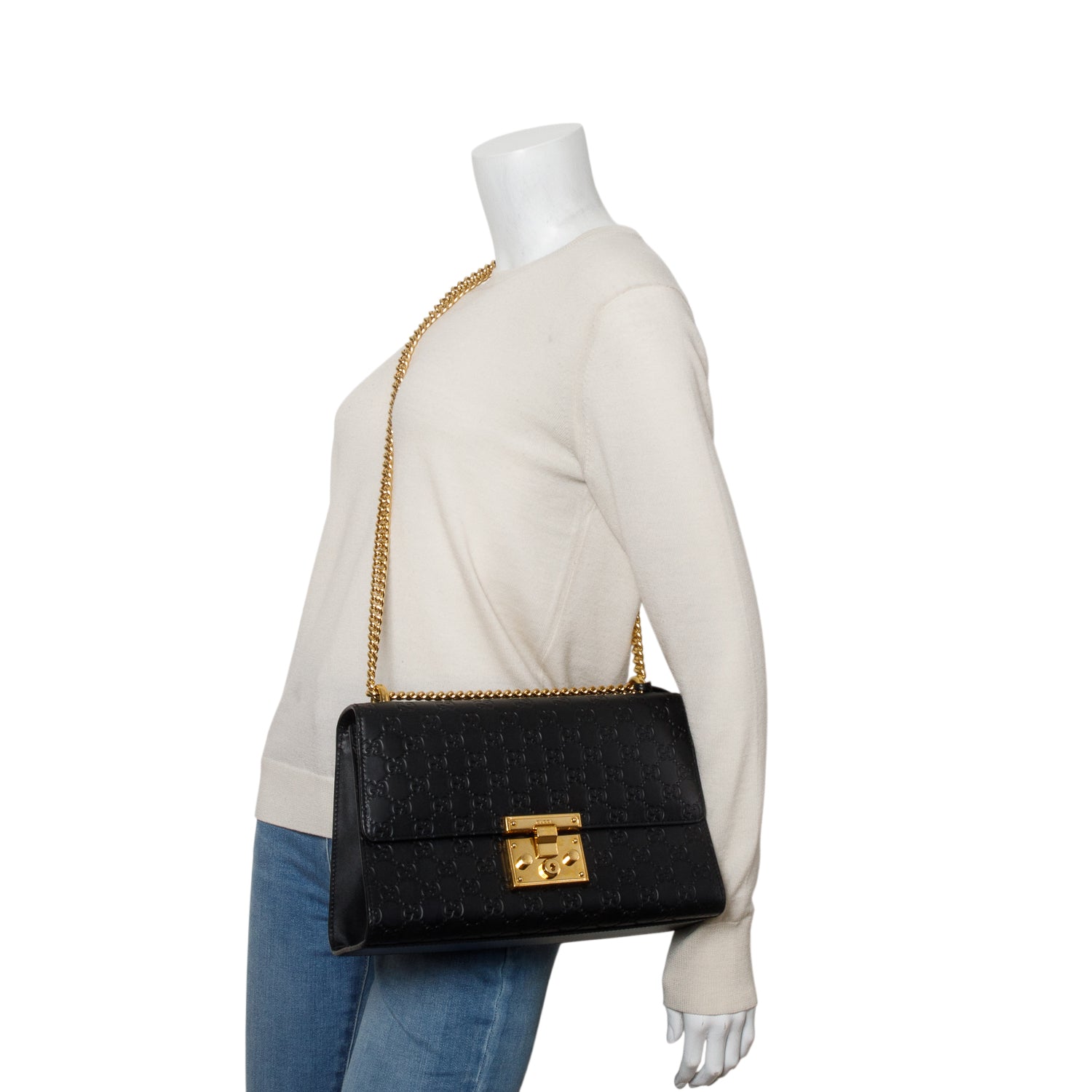Gucci Black GG Signature Leather Medium Padlock Shoulder Bag w/ Box