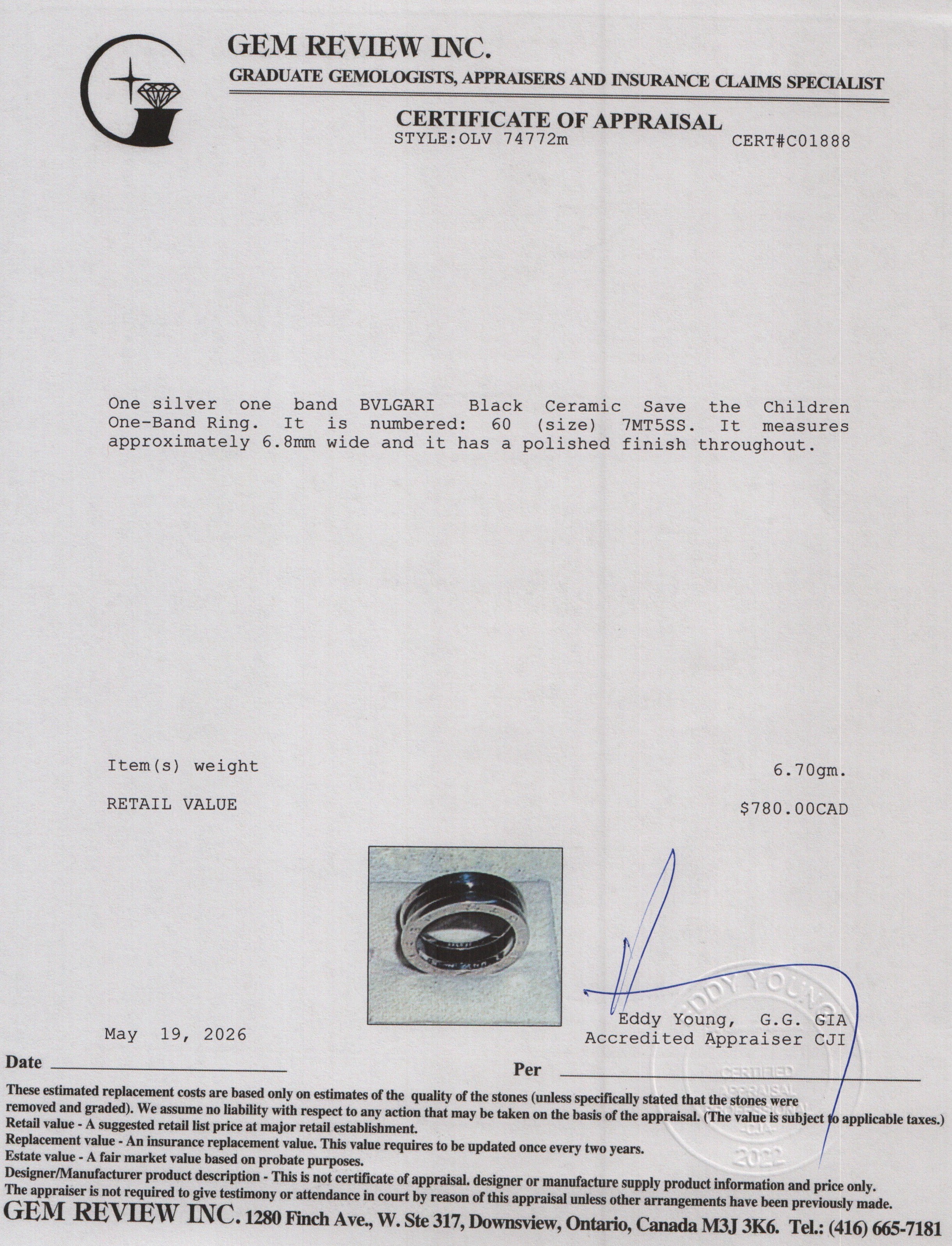 BVLGARI Sterling Silver Black Ceramic Save the Children One-Band Ring, Size 60 9 w/ Certificate