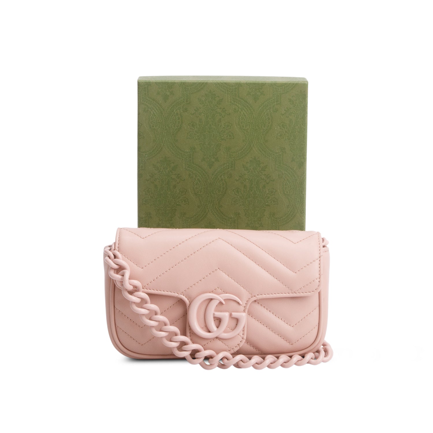 Gucci Pink Calfskin Matelasse Monochrome GG Marmont Chain Belt Bag w/ Box
