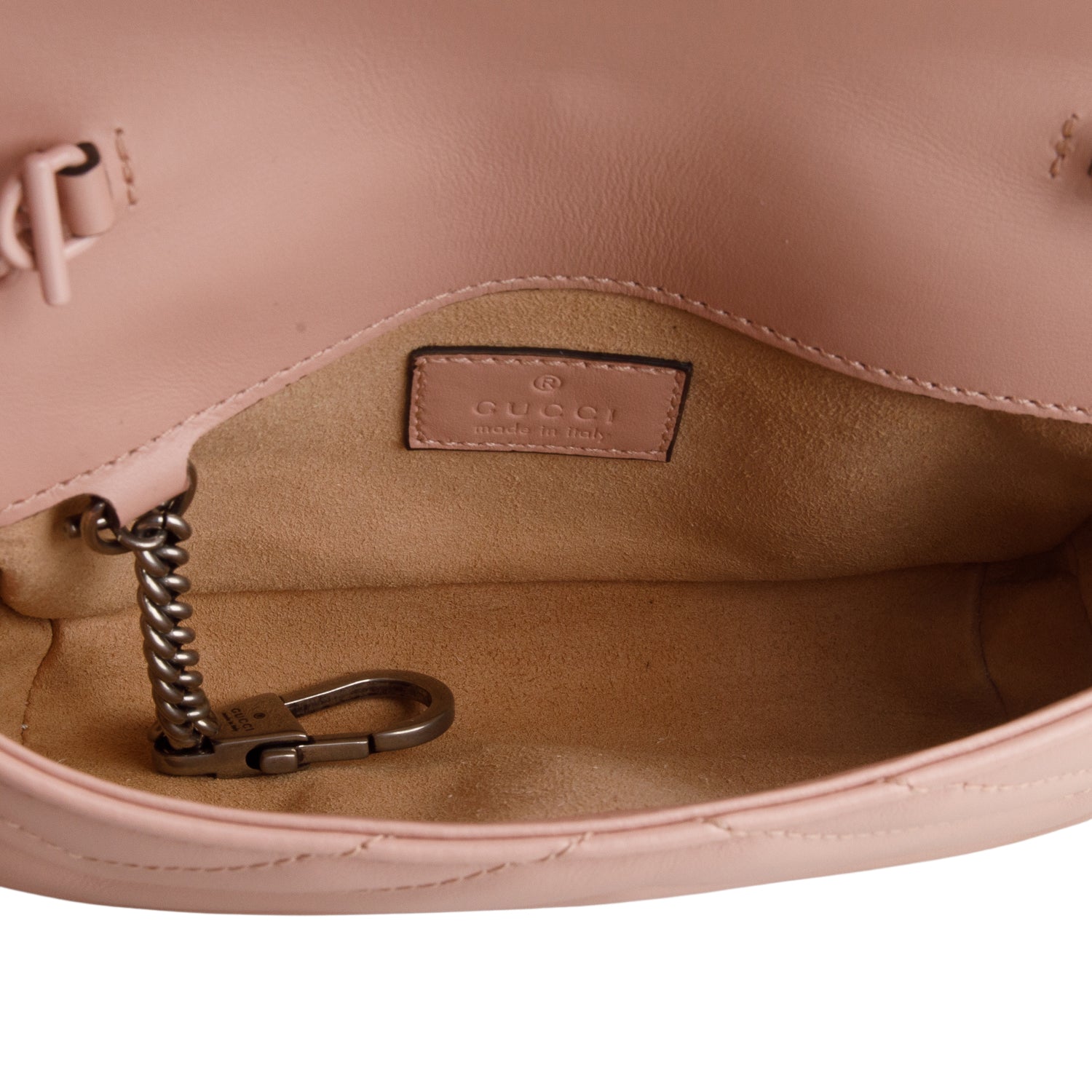 Gucci Pink Calfskin Matelasse Monochrome GG Marmont Chain Belt Bag w/ Box