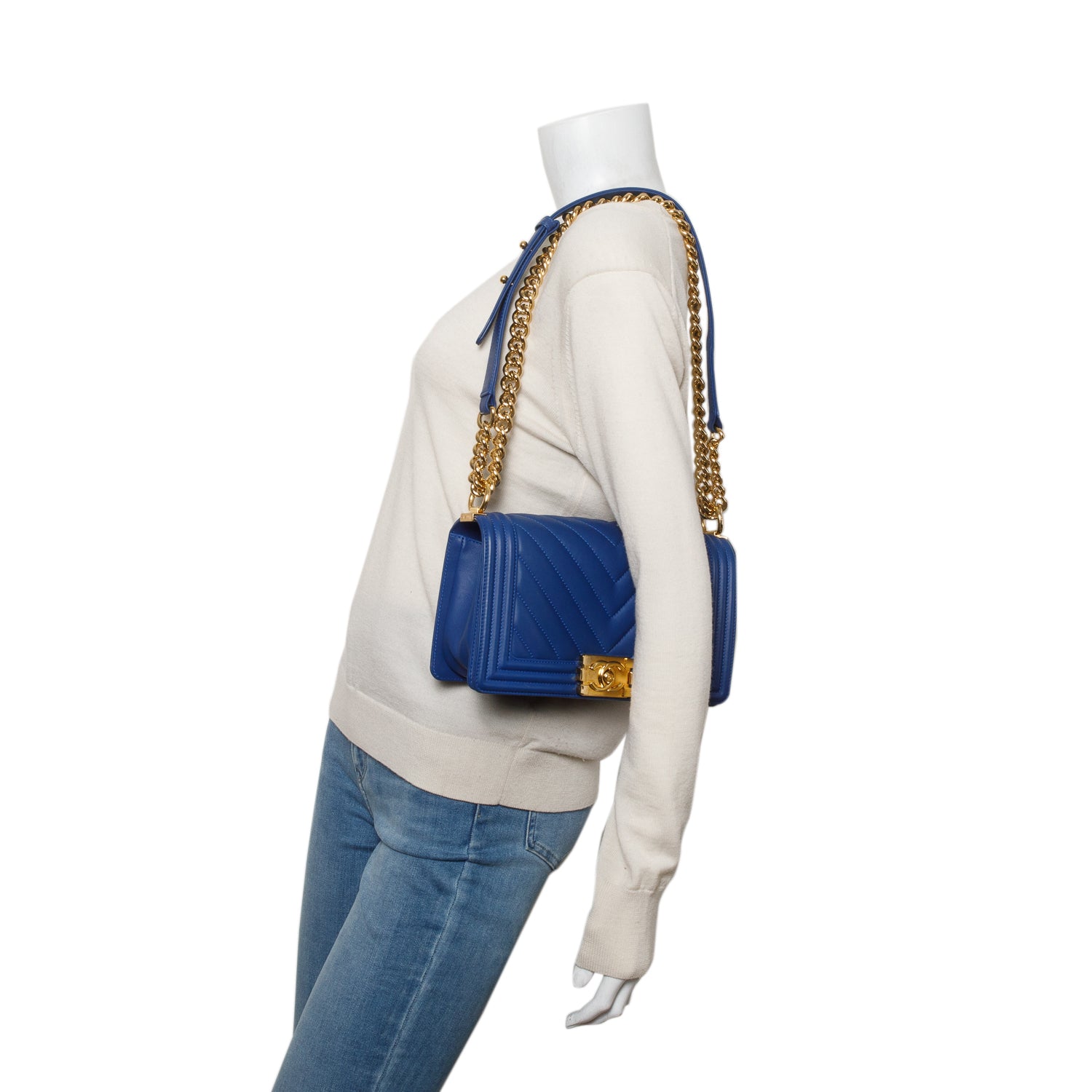 Chanel Blue Chevron Quilted Lambskin Leather Medium Boy Bag w/ Box & Authenticity Card