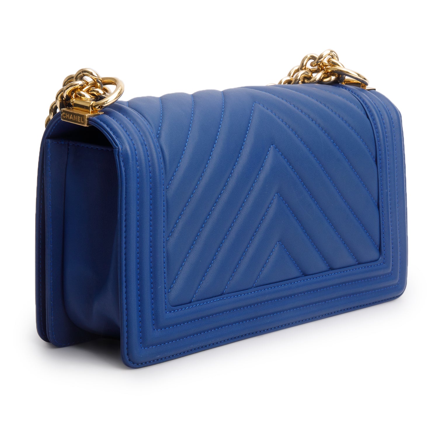 Chanel Blue Chevron Quilted Lambskin Leather Medium Boy Bag w/ Box & Authenticity Card