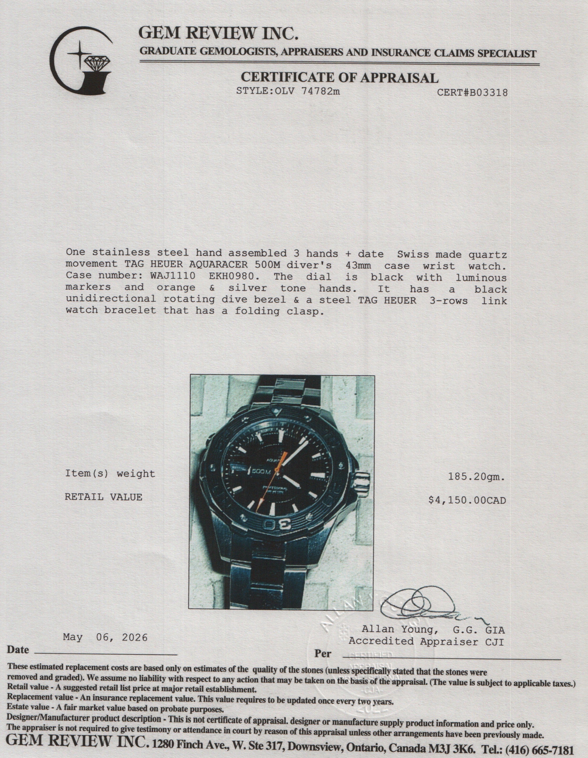 Tag Heuer Stainless Steel Aquaracer 43 mm Quartz Watch Black Dial WAJ1110
