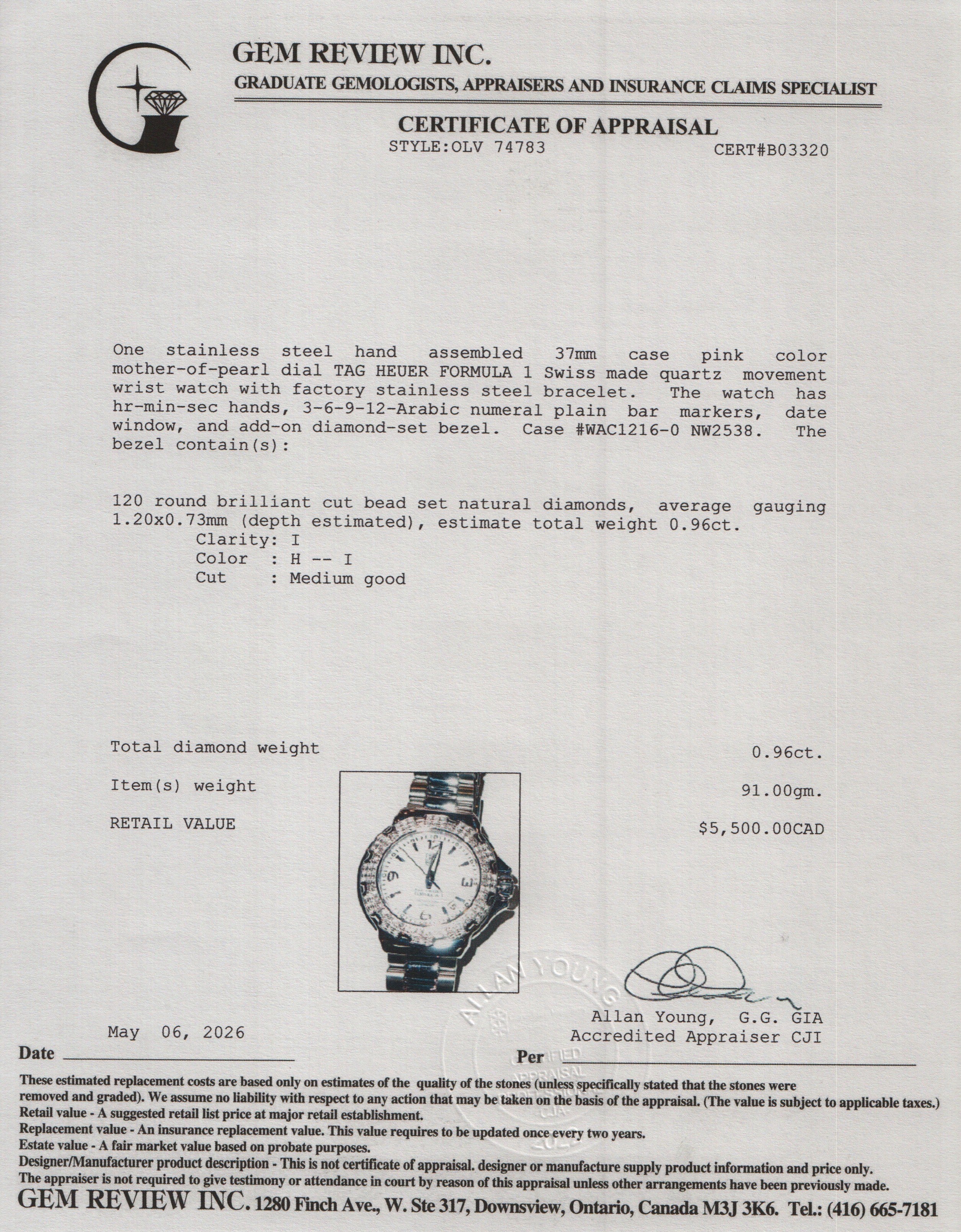Tag Heuer Stainless Steel Formula 1 Diamond Bezel 37 MM Watch Pink Mother of Pearl Dial WAC1216-0