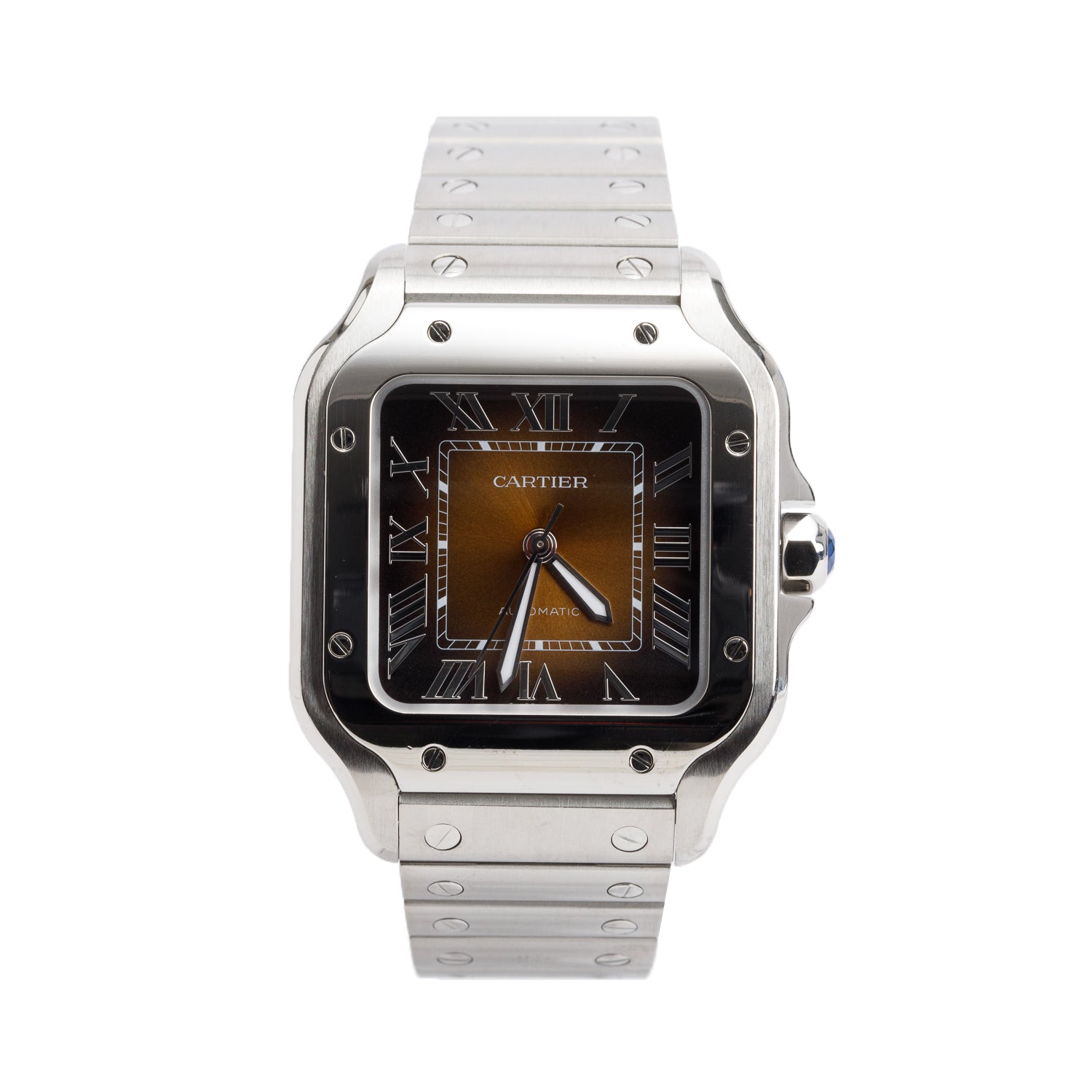 Cartier 2024 Stainless Steel Santos de Cartier Automatic Watch, Medium Model Brown Dial 4075 w/ Box, Papers & Extra Strap