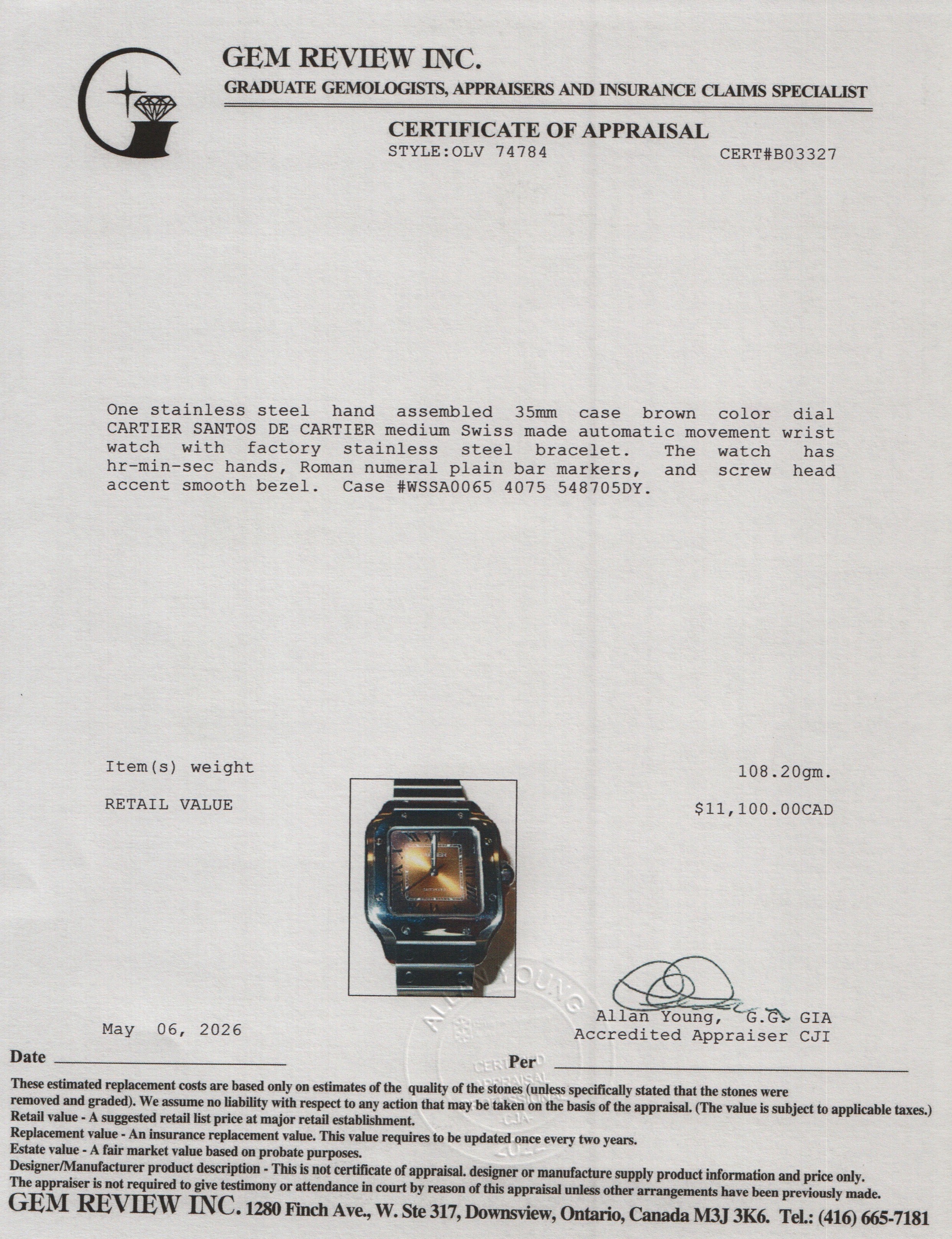 Cartier 2024 Stainless Steel Santos de Cartier Automatic Watch, Medium Model Brown Dial 4075 w/ Box, Papers & Extra Strap