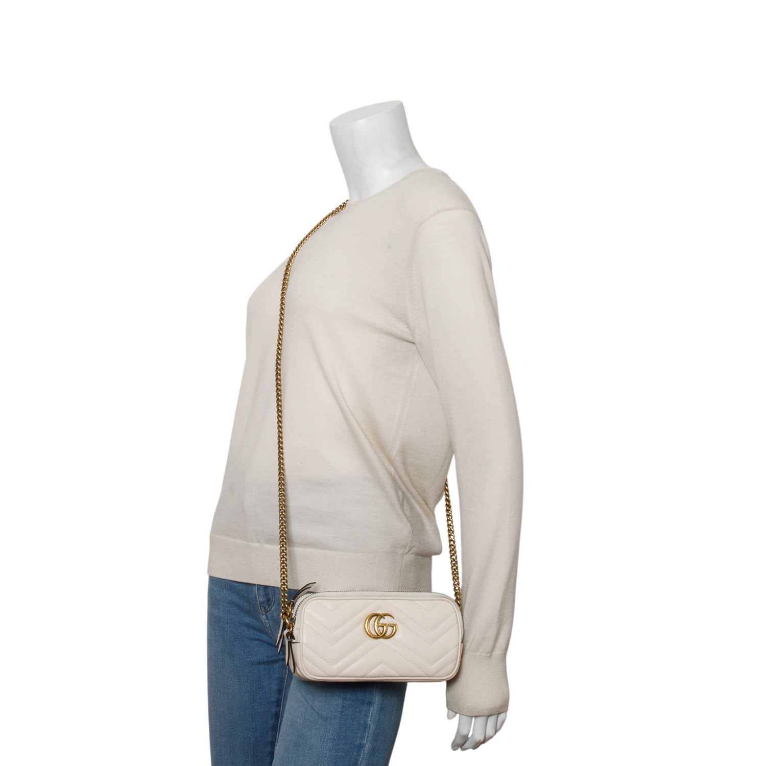 Gucci White Calfskin Matelasse Mini GG Marmont Chain Crossbody Bag w/ Box