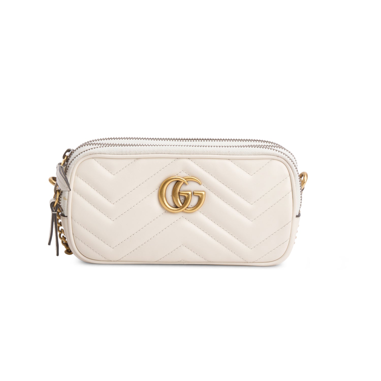 Gucci White Calfskin Matelasse Mini GG Marmont Chain Crossbody Bag w/ Box