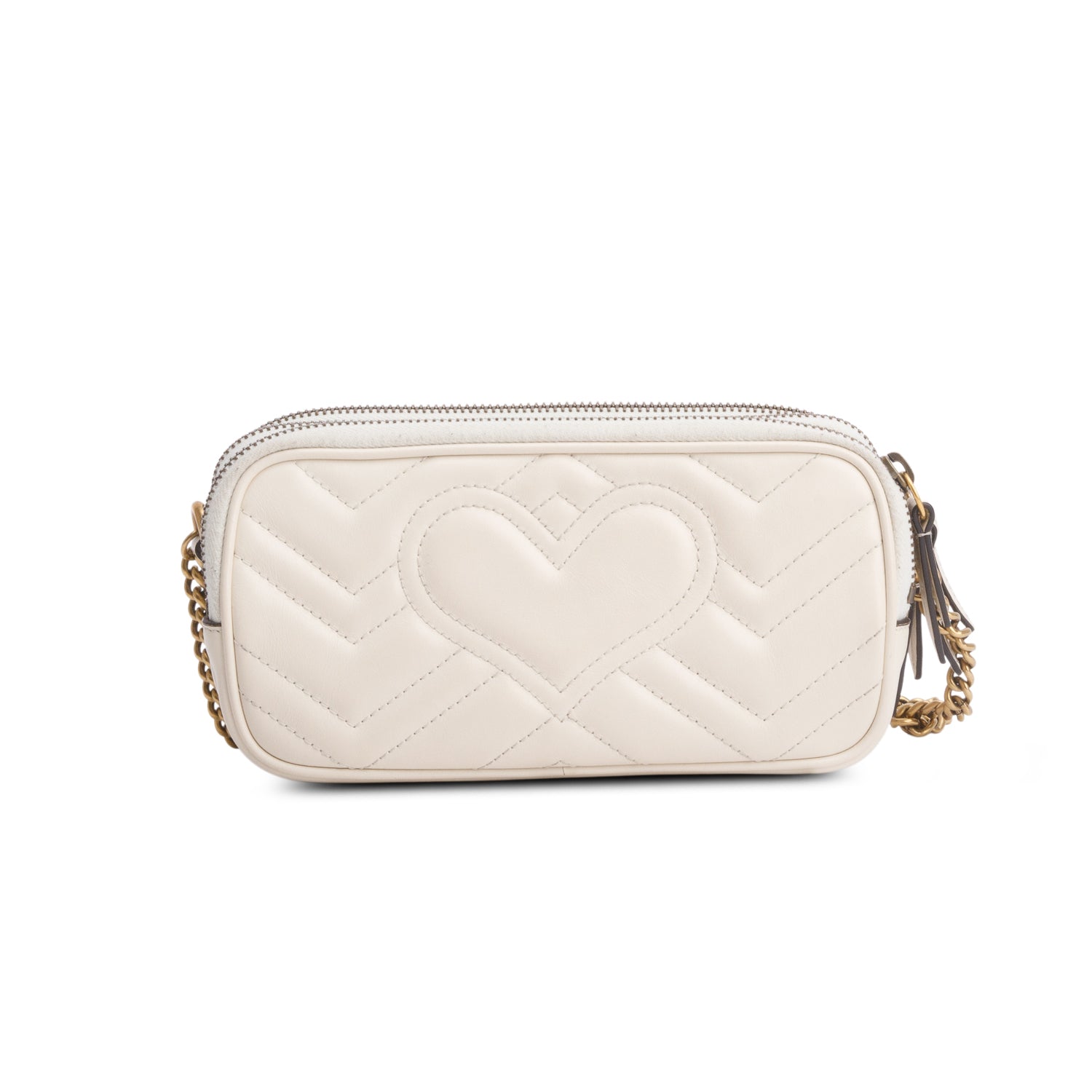 Gucci White Calfskin Matelasse Mini GG Marmont Chain Crossbody Bag w/ Box
