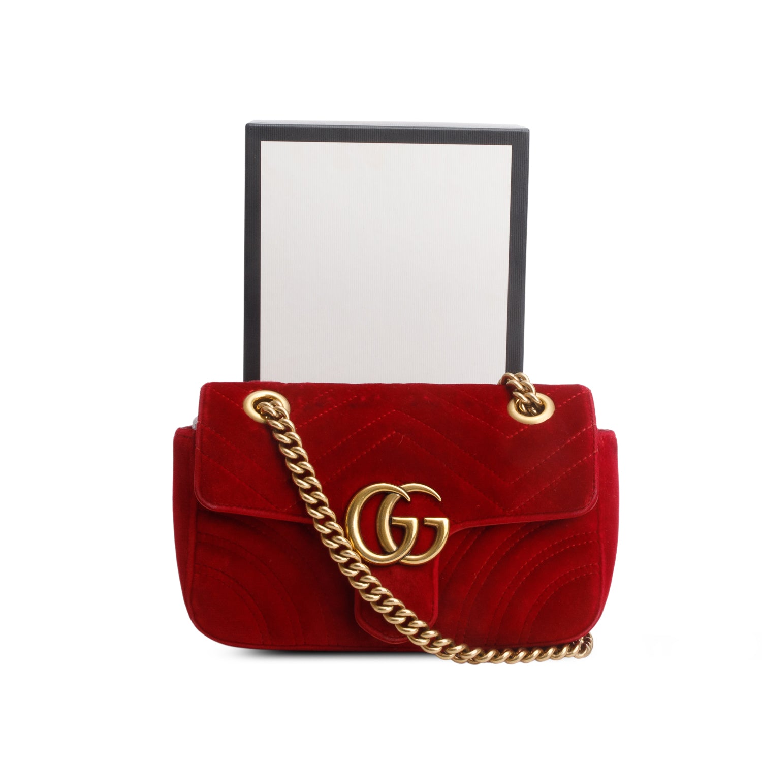 Gucci Red Velvet Matelasse Small GG Marmont Shoulder Bag w/ Box